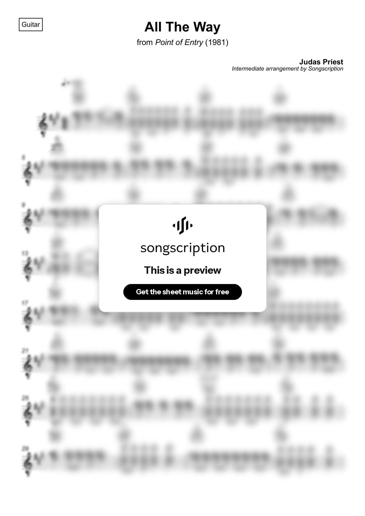Intermediate Acoustic Guitar Sheet Music for "All The Way" by Judas Priest