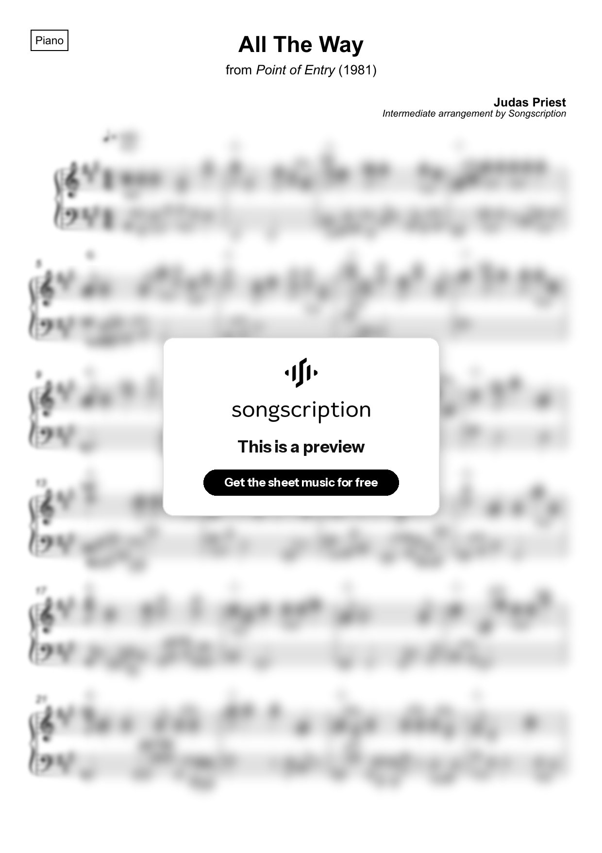 Intermediate Piano Sheet Music for "All The Way" by Judas Priest
