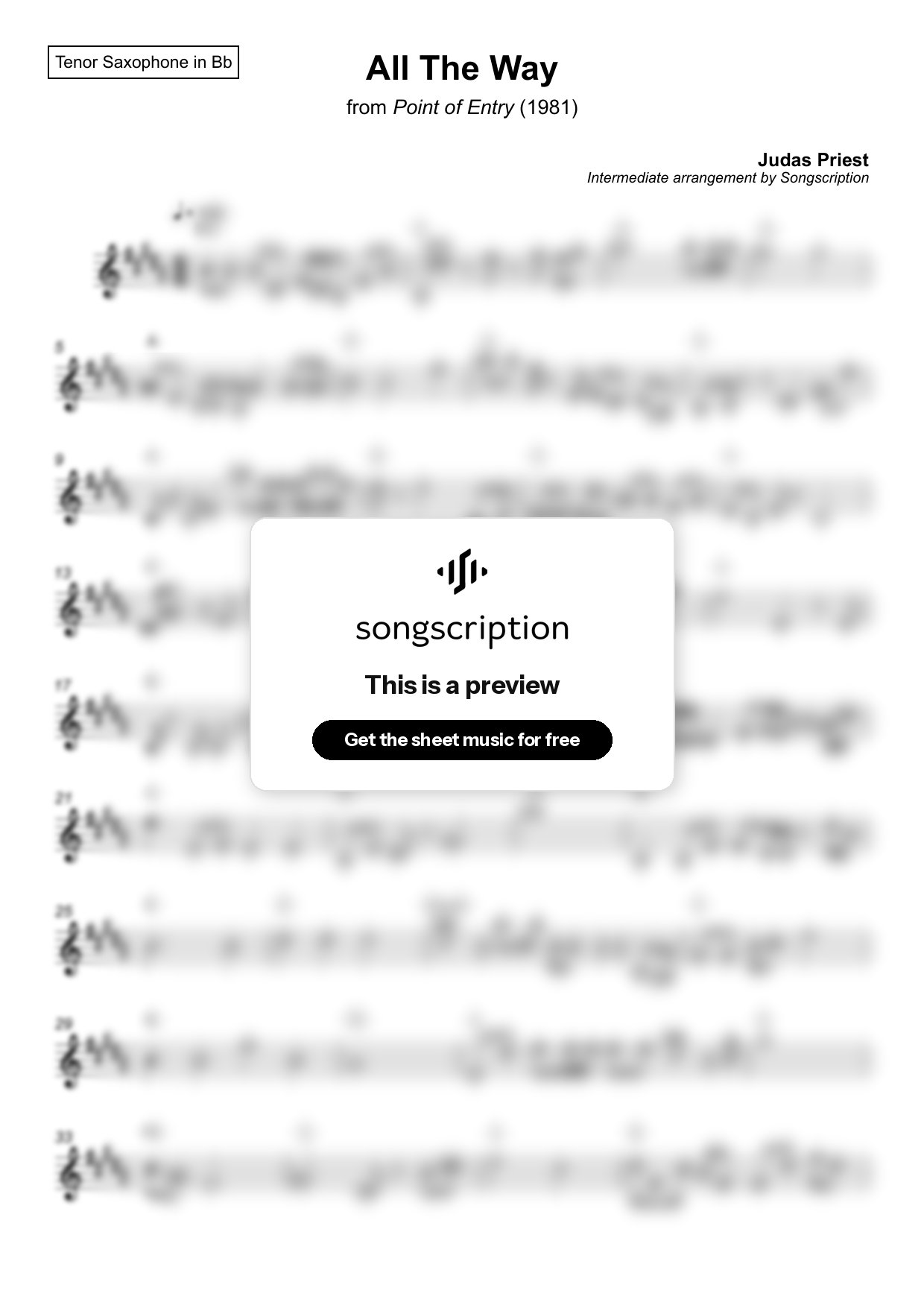 Intermediate Tenor Sax Sheet Music for "All The Way" by Judas Priest