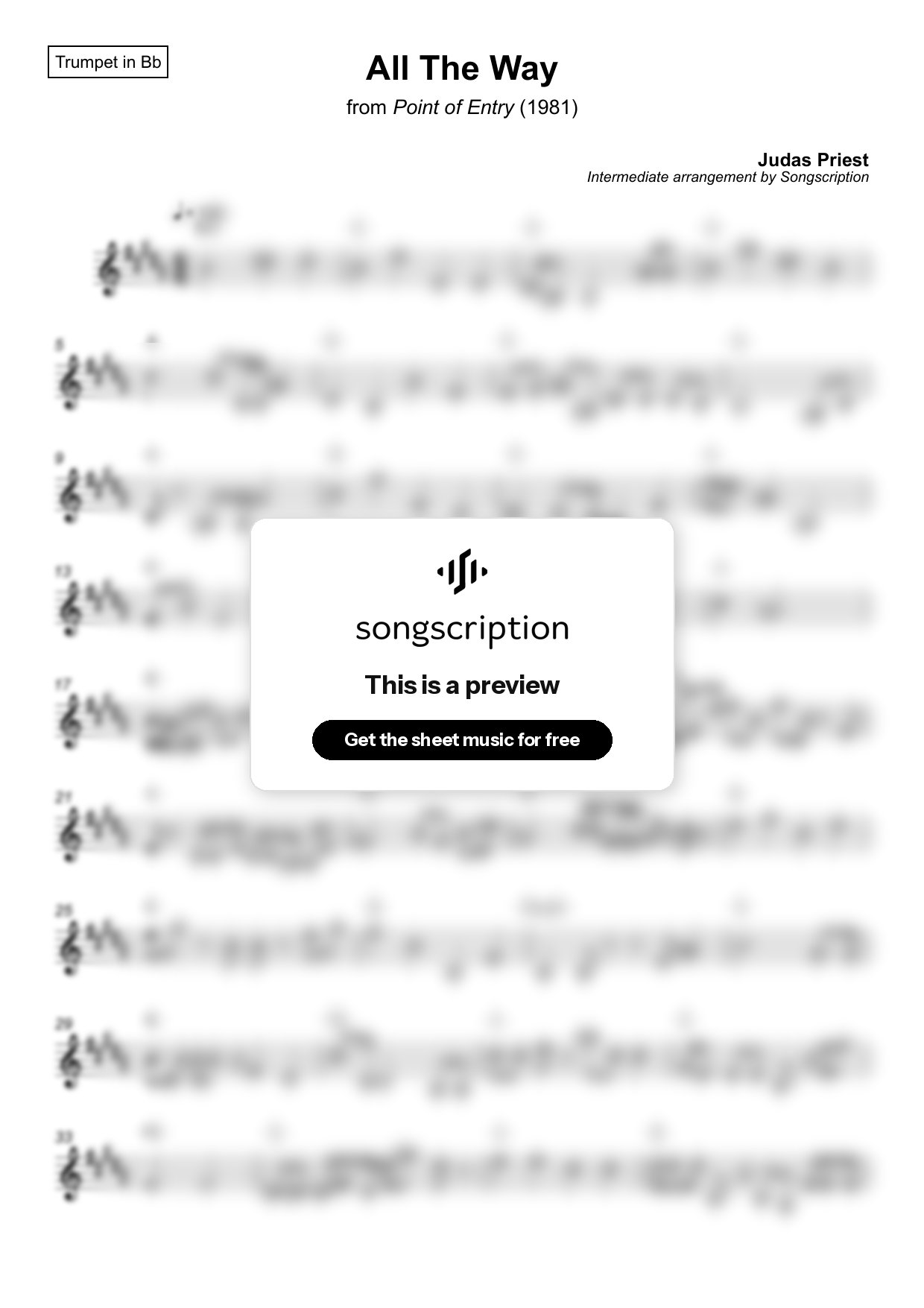 Intermediate Trumpet Sheet Music for "All The Way" by Judas Priest