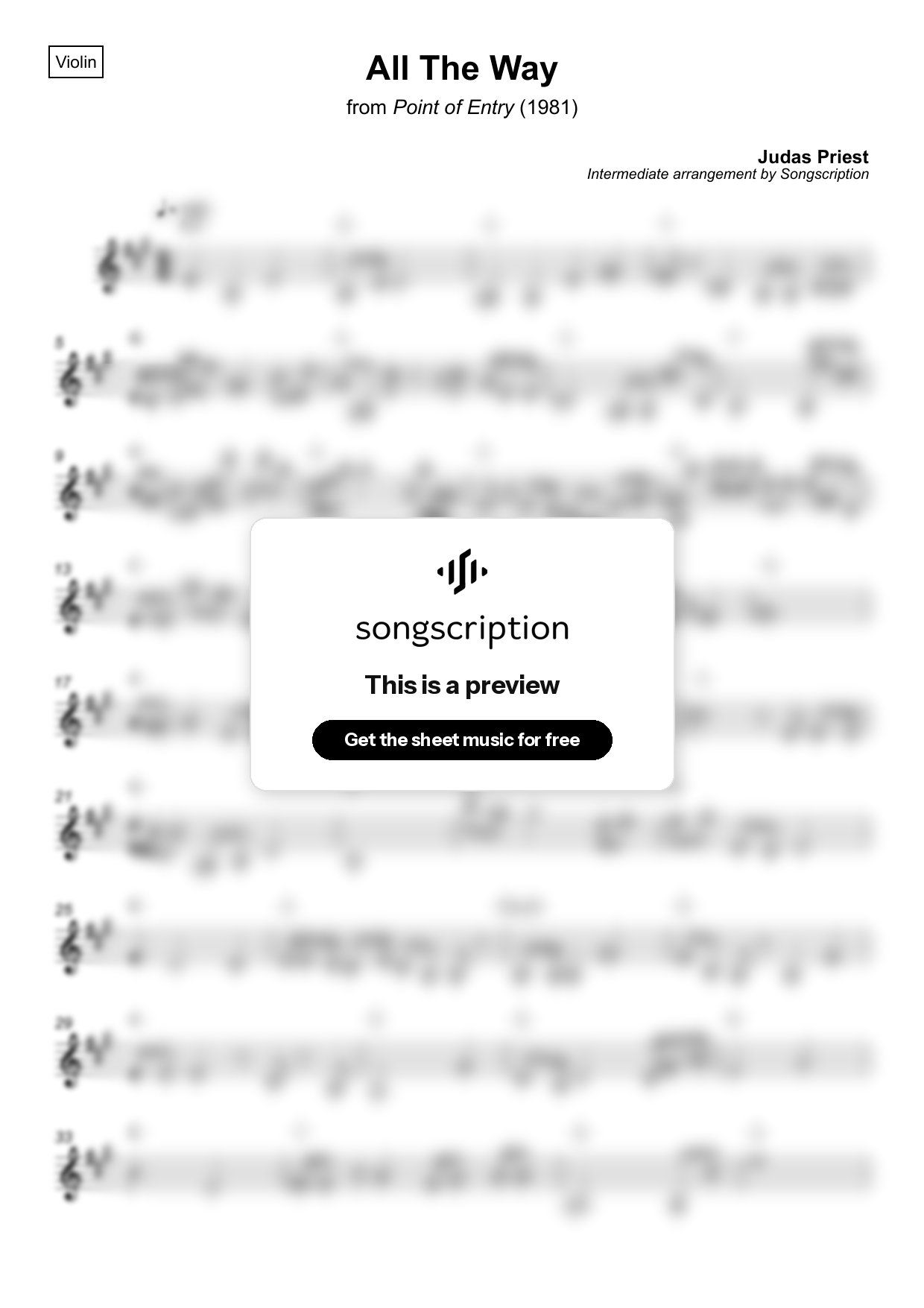 Intermediate Violin Sheet Music for "All The Way" by Judas Priest