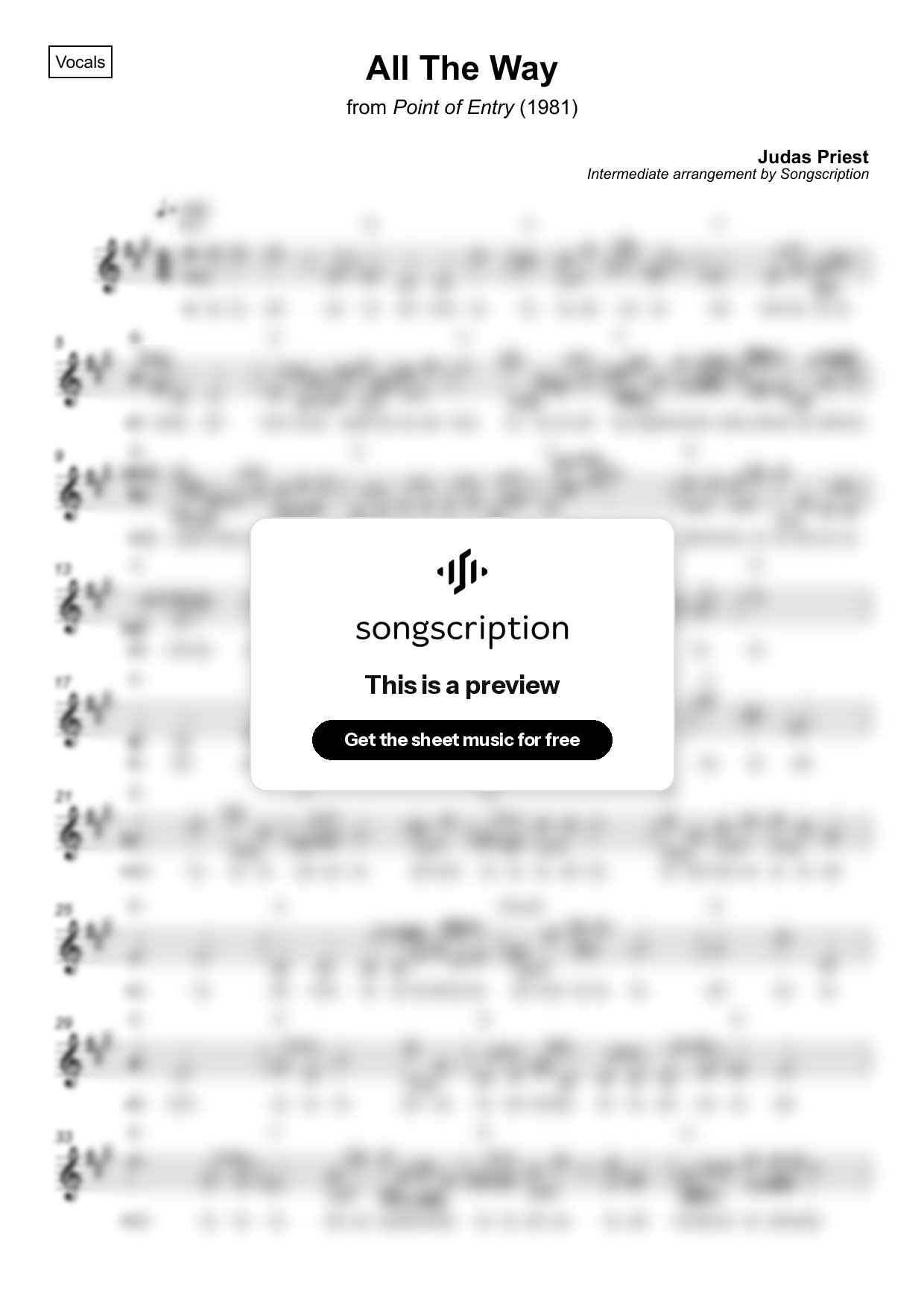 Intermediate Vocals Sheet Music for "All The Way" by Judas Priest