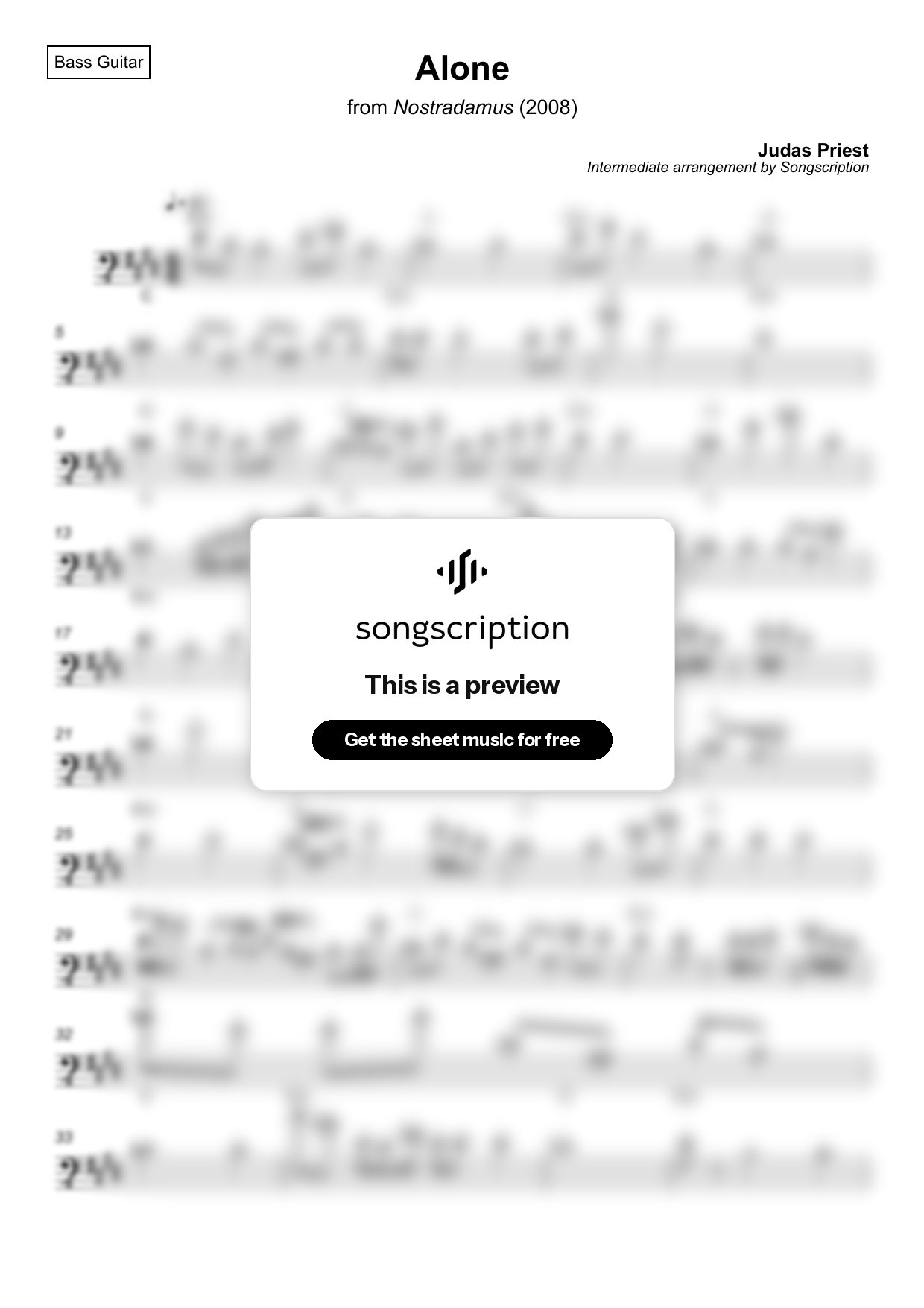Intermediate Bass Guitar Sheet Music for "Alone" by Judas Priest