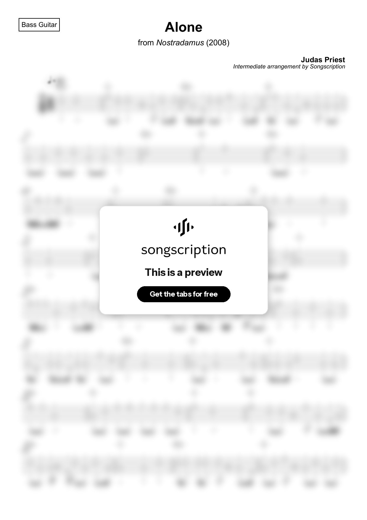 Intermediate Bass Guitar Tabs for "Alone" by Judas Priest