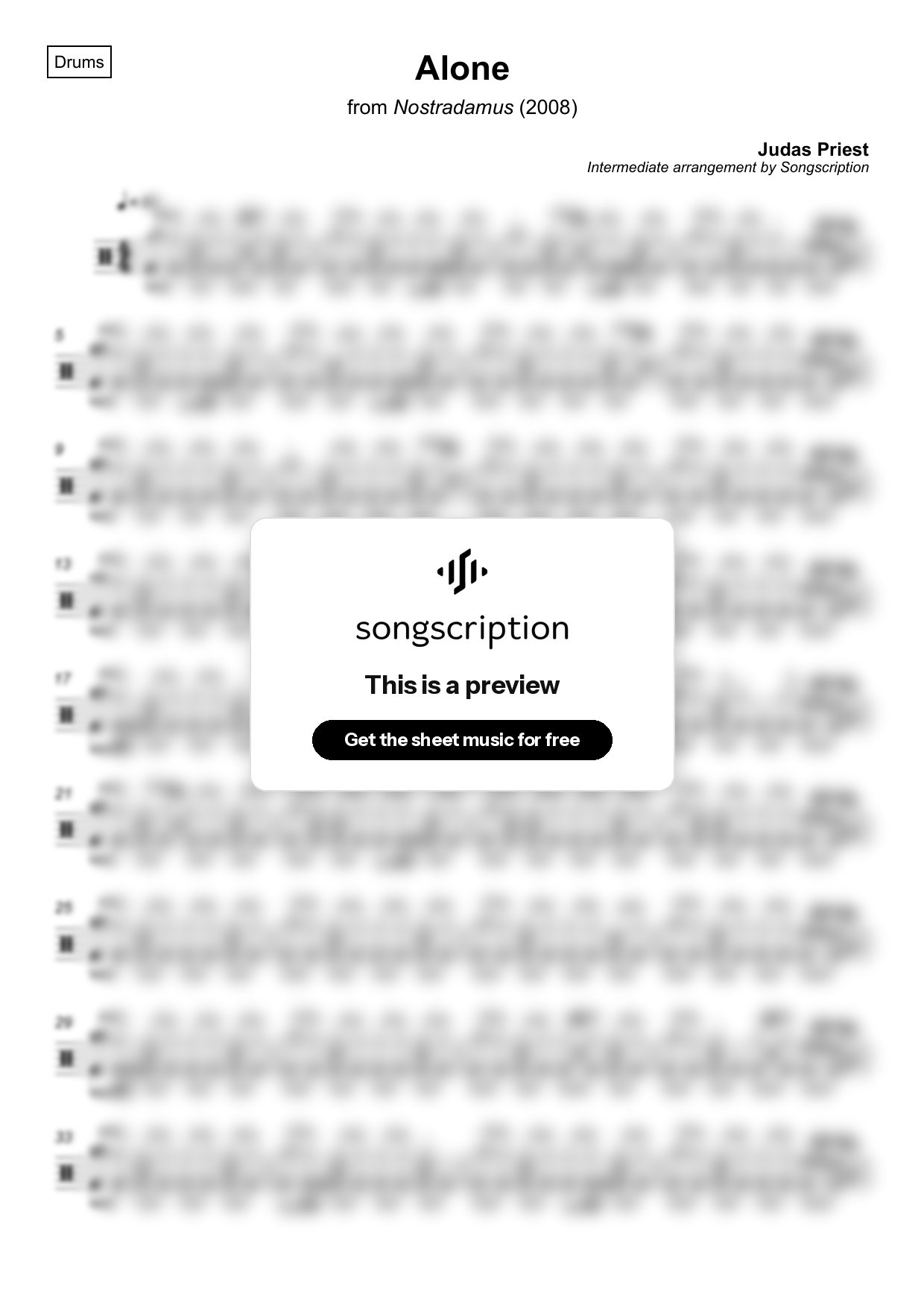Intermediate Drums Sheet Music for "Alone" by Judas Priest