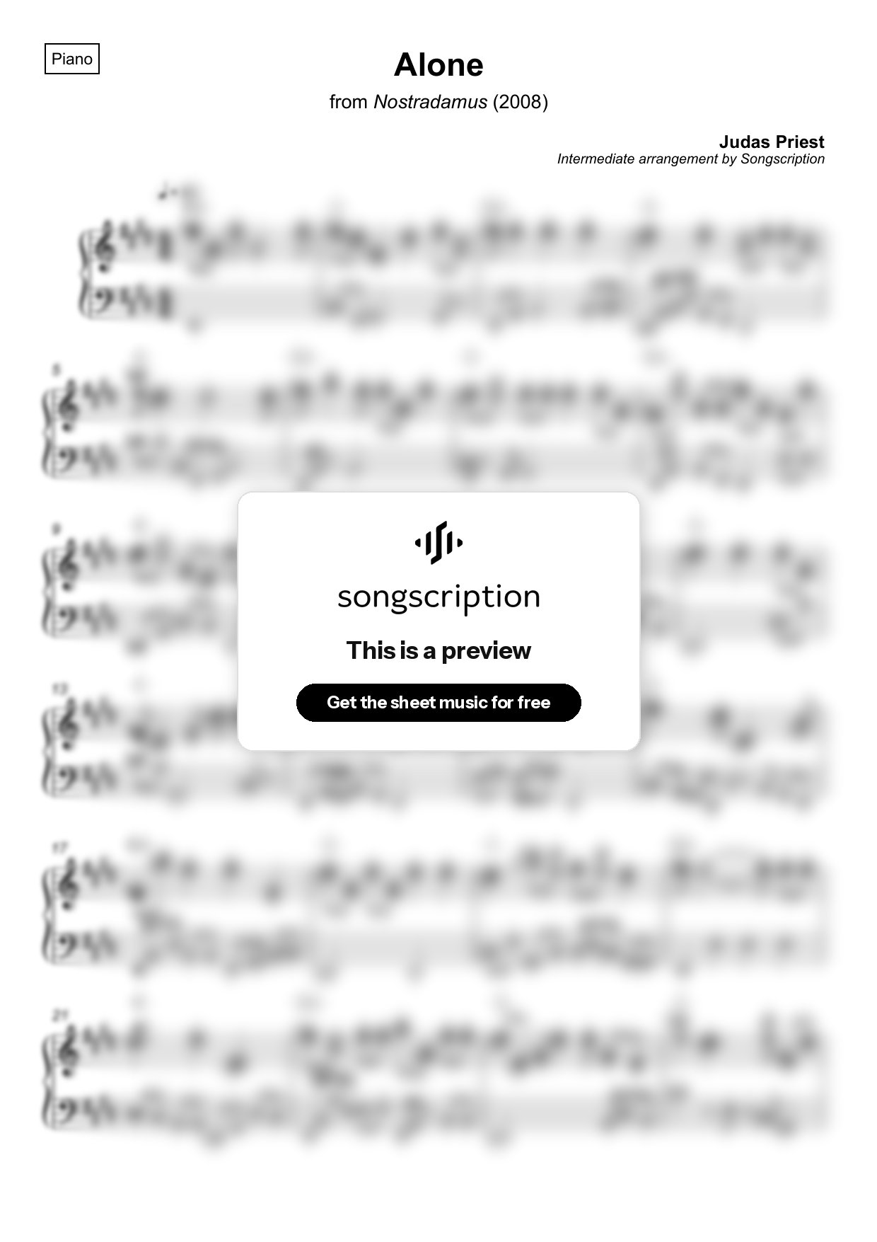 Intermediate Piano Sheet Music for "Alone" by Judas Priest