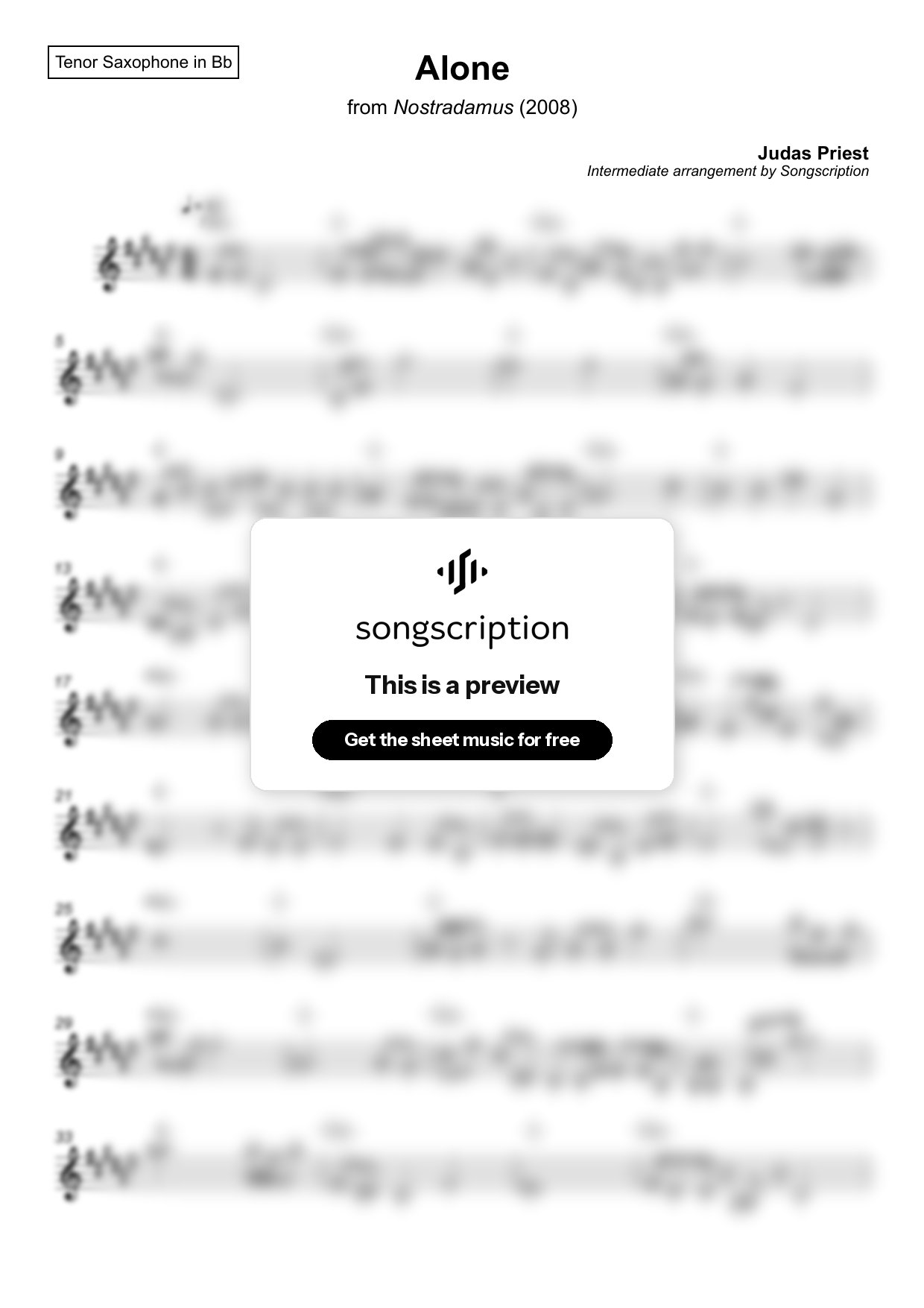 Intermediate Tenor Sax Sheet Music for "Alone" by Judas Priest