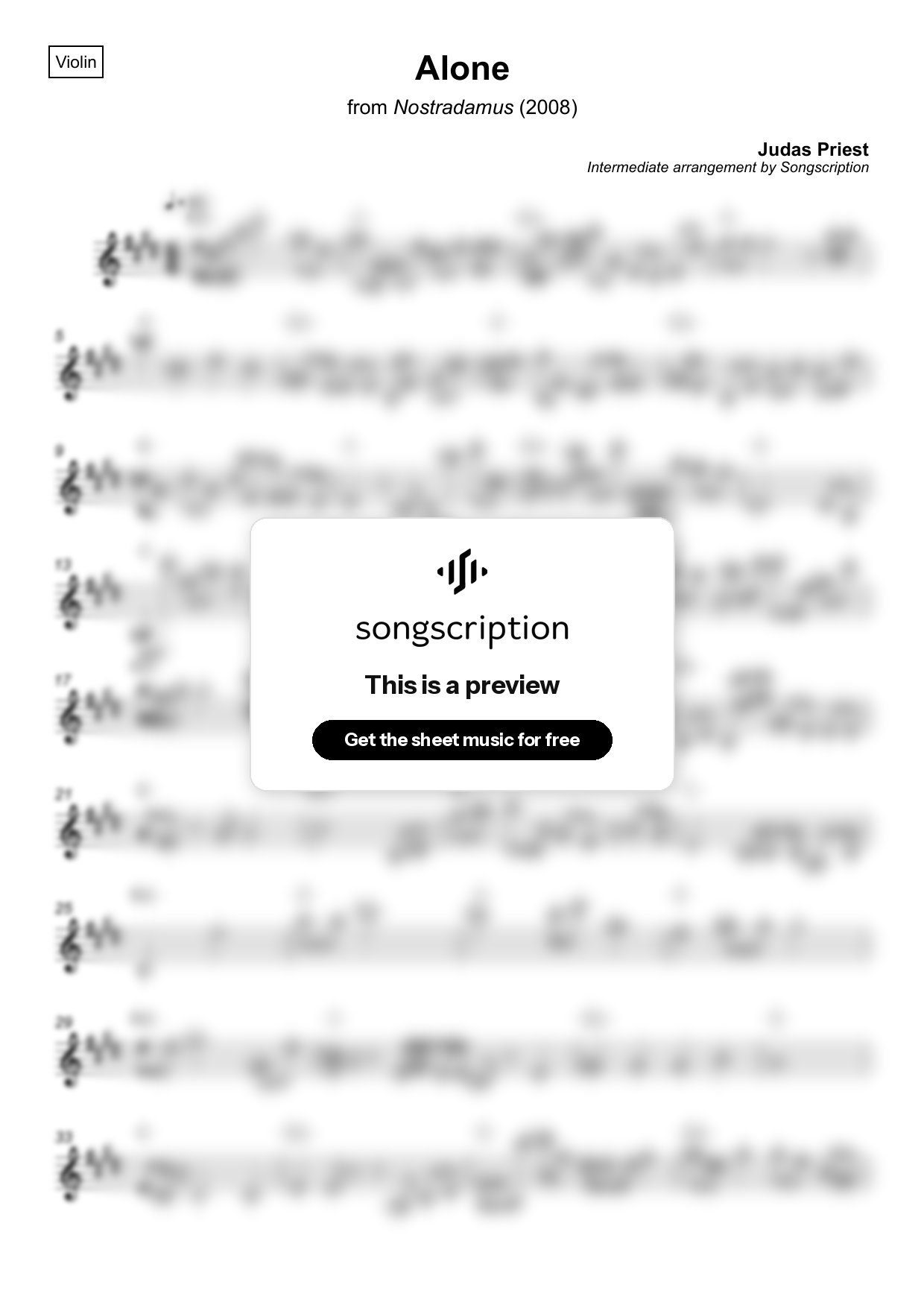 Intermediate Violin Sheet Music for "Alone" by Judas Priest