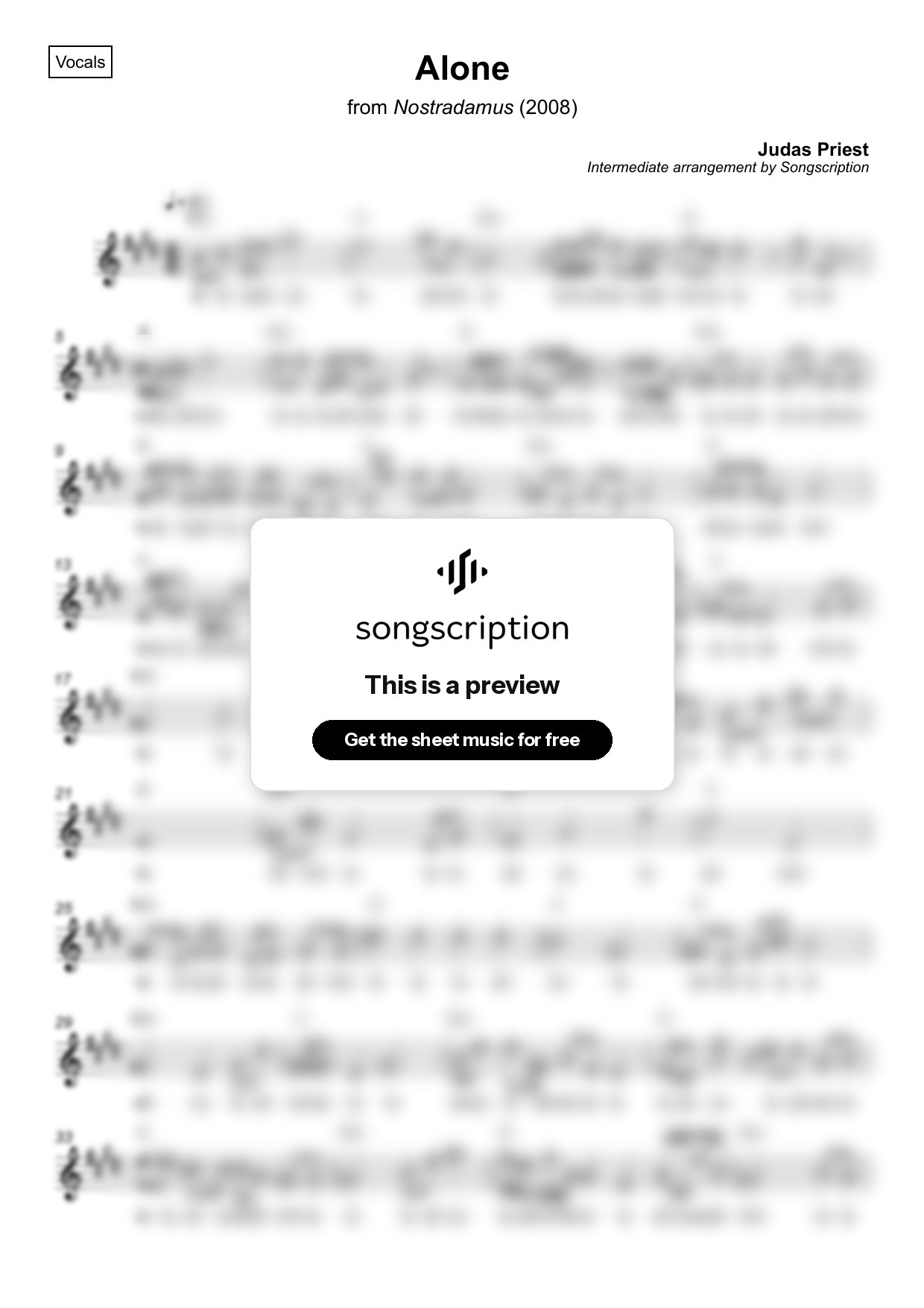 Intermediate Vocals Sheet Music for "Alone" by Judas Priest
