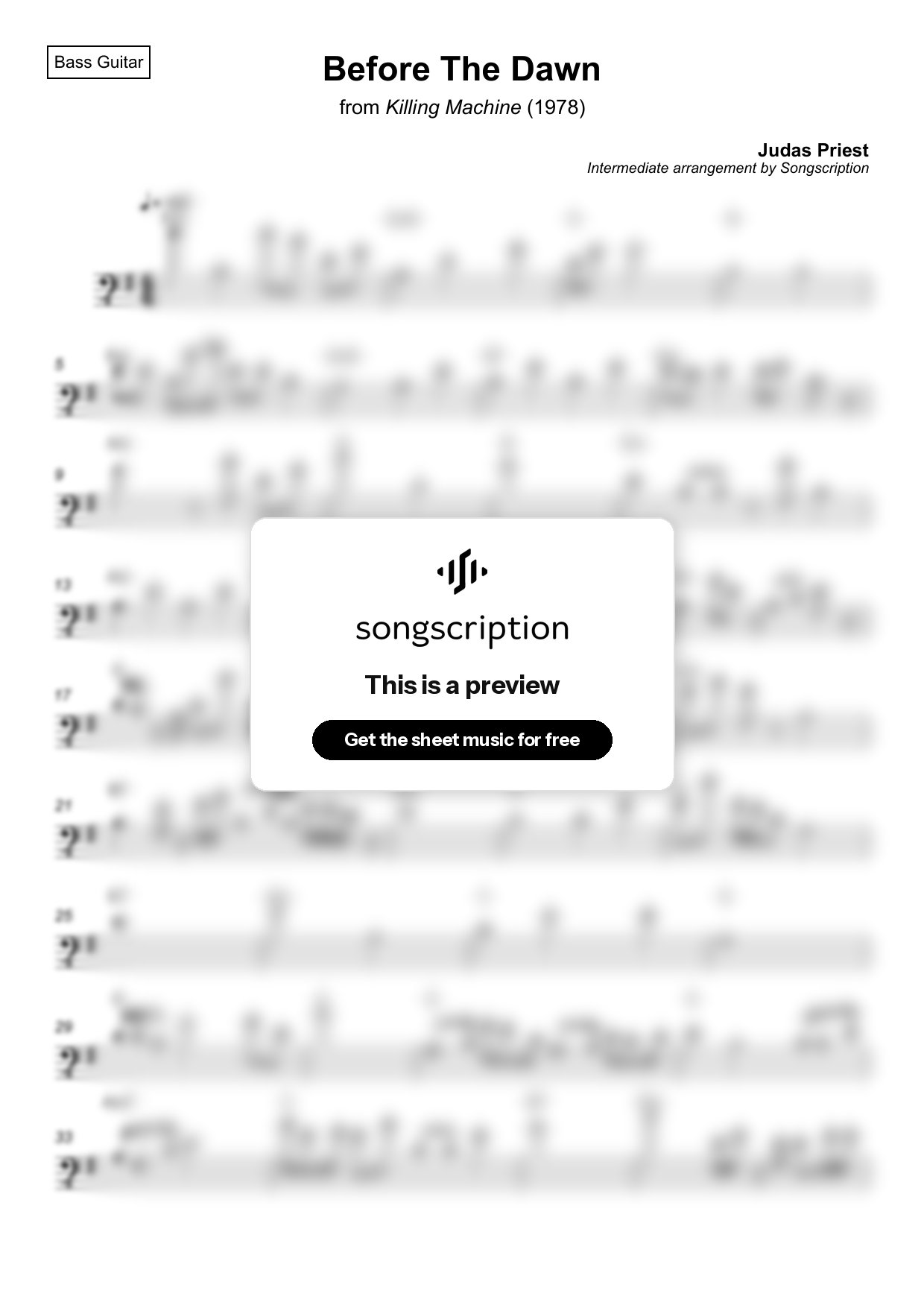 Intermediate Bass Guitar Sheet Music for "Before The Dawn" by Judas Priest