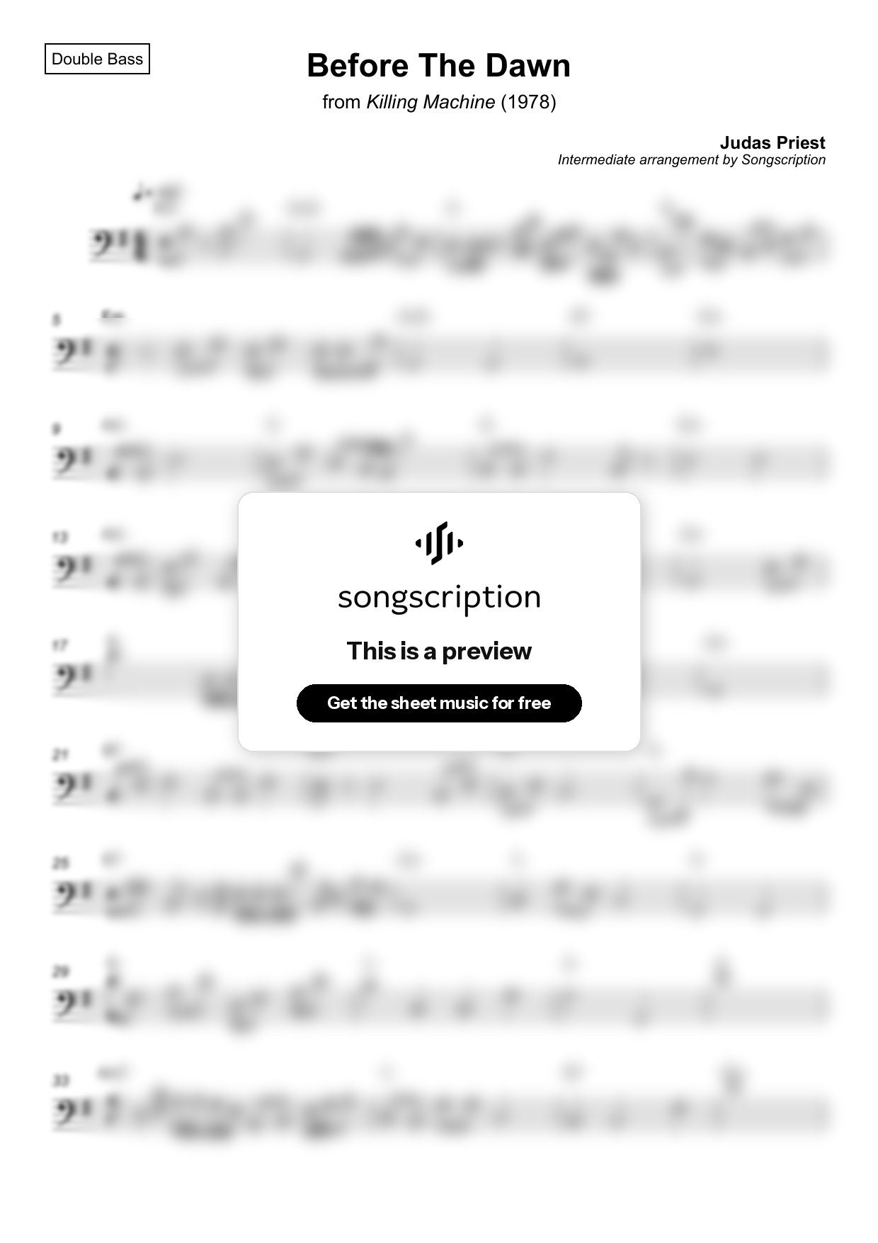 Intermediate Double Bass Sheet Music for "Before The Dawn" by Judas Priest