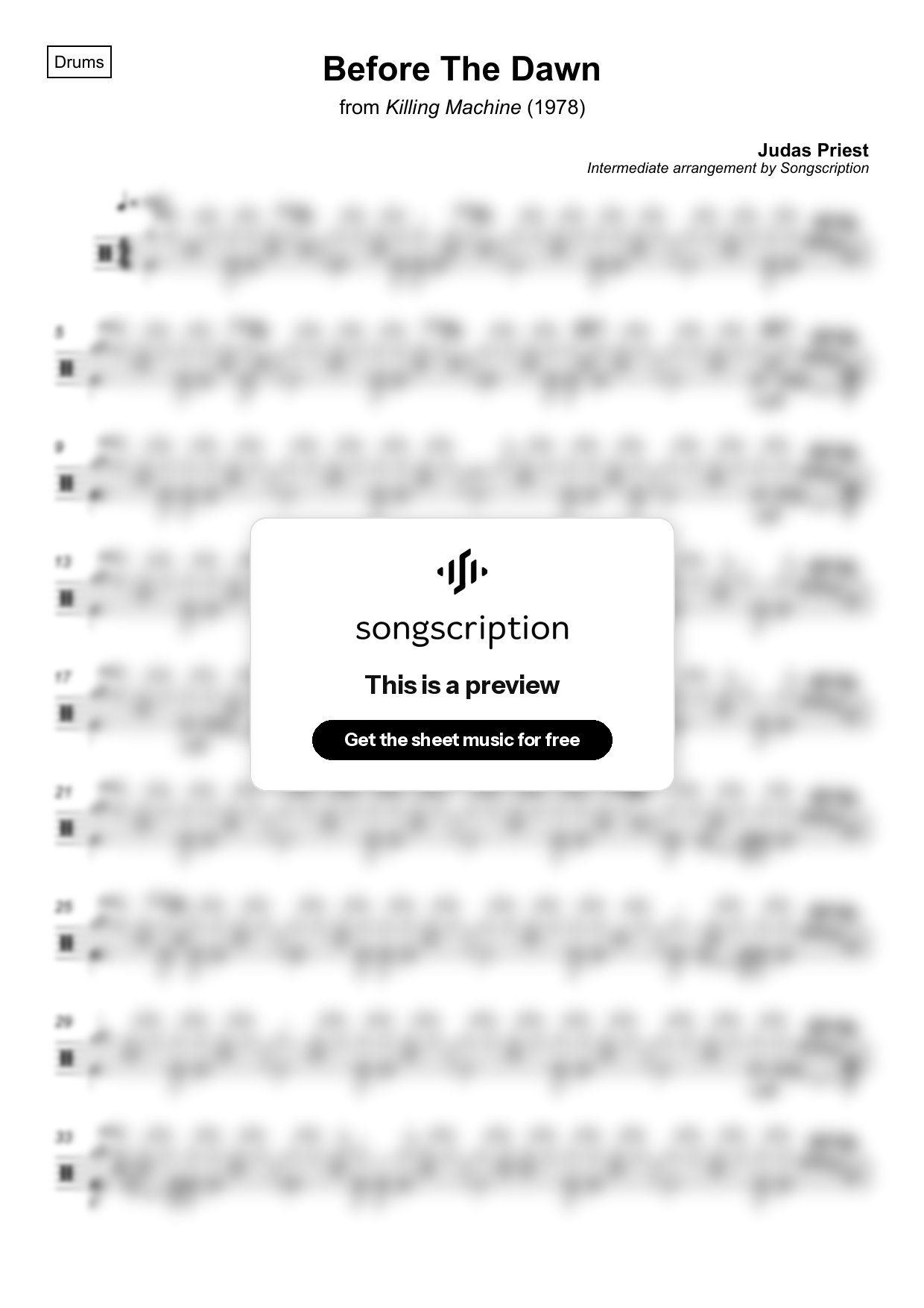 Intermediate Drums Sheet Music for "Before The Dawn" by Judas Priest