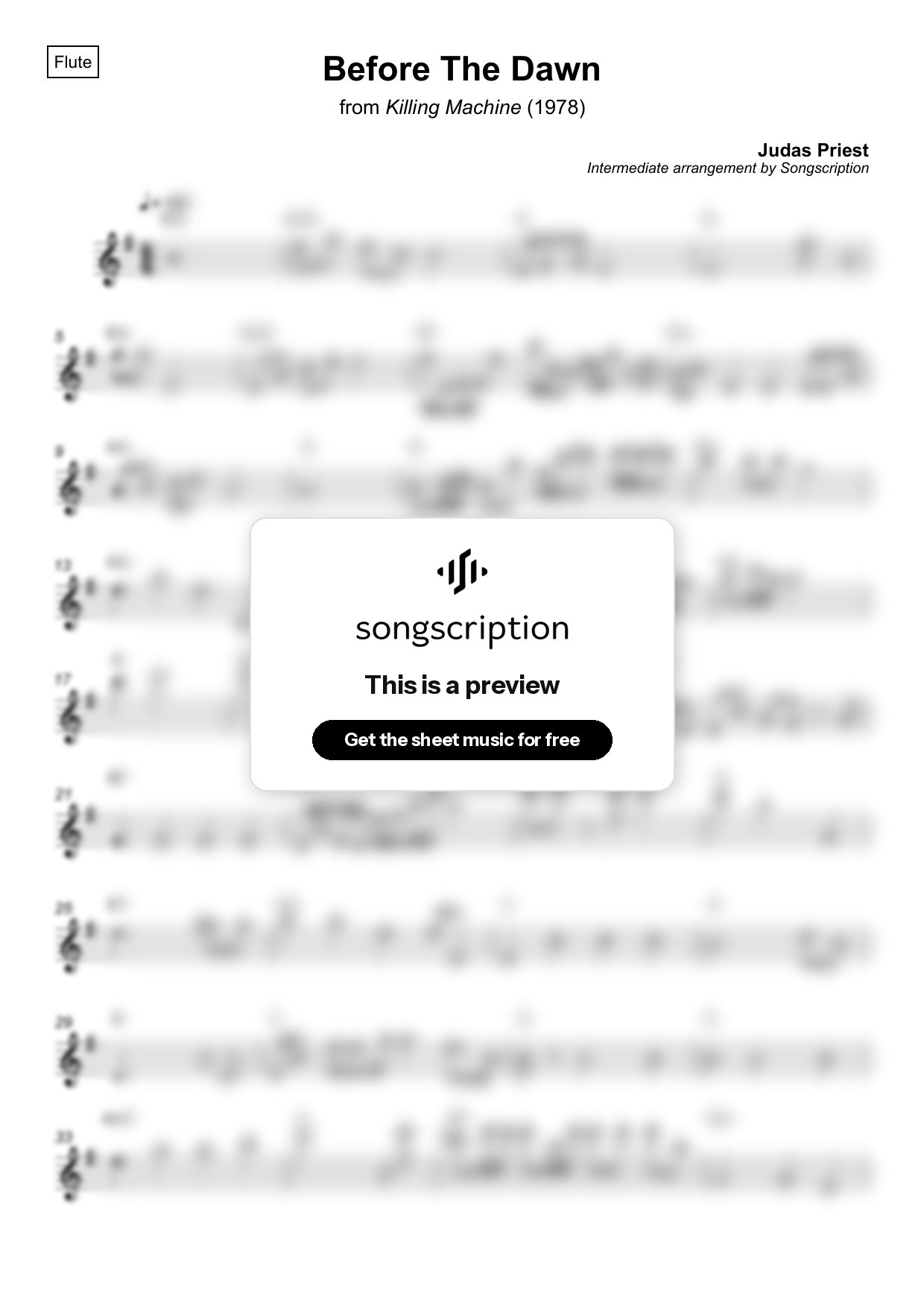 Intermediate Flute Sheet Music for "Before The Dawn" by Judas Priest