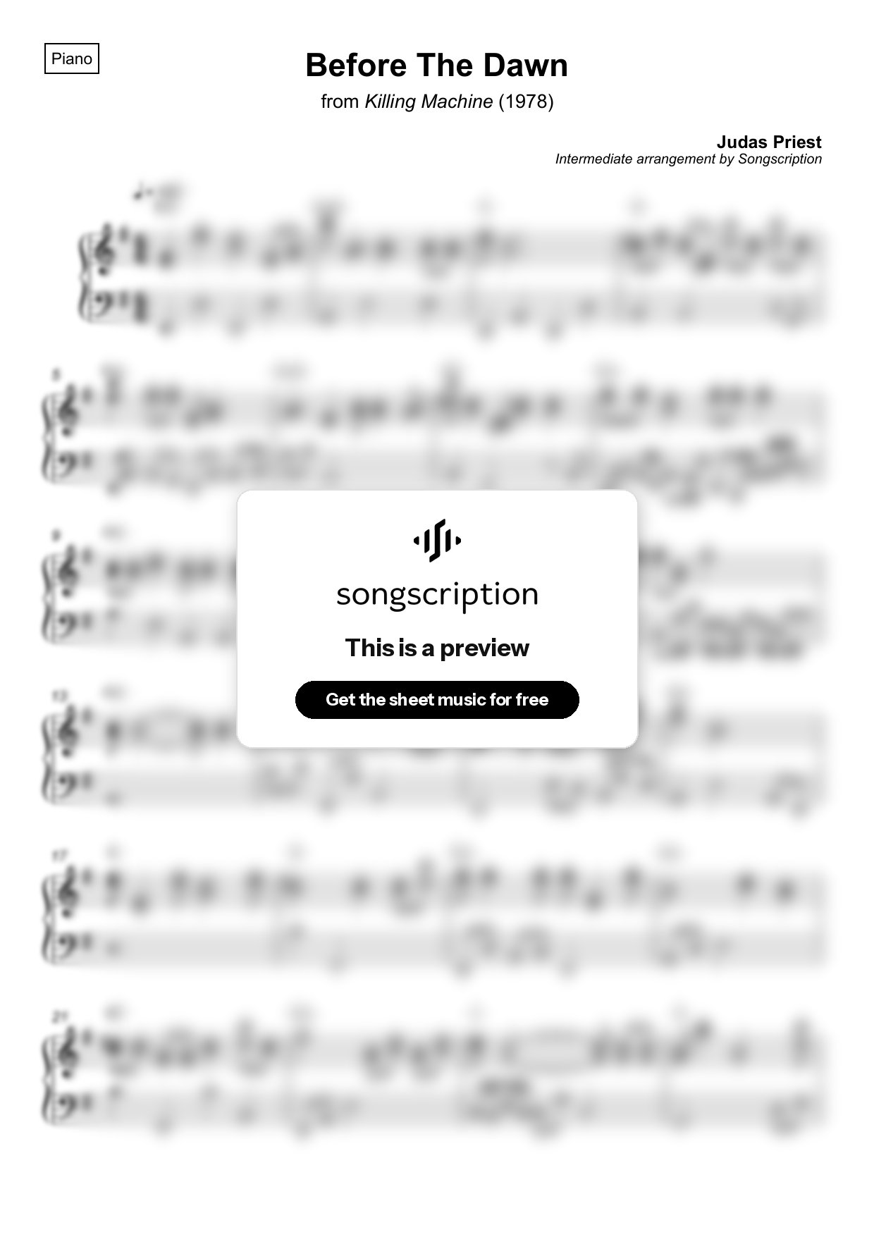 Intermediate Piano Sheet Music for "Before The Dawn" by Judas Priest