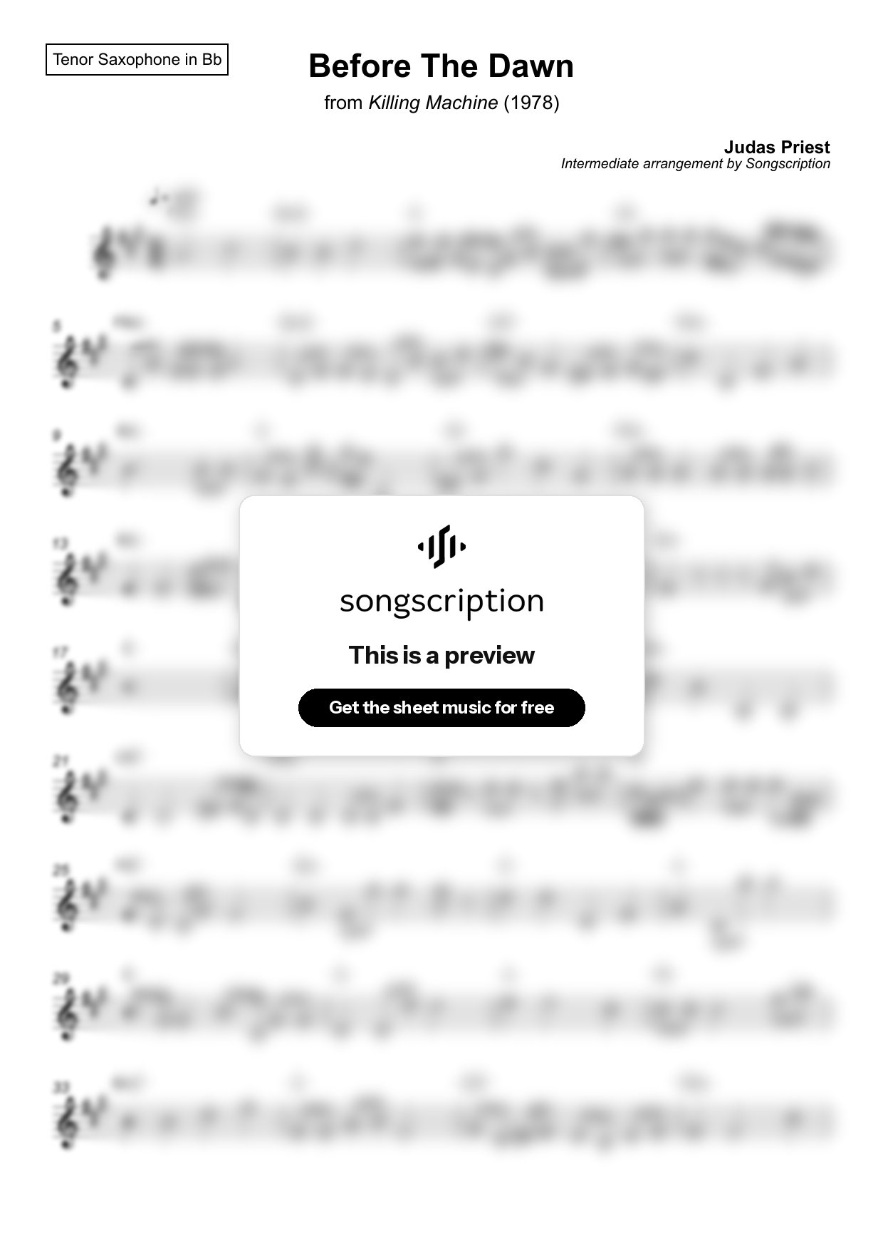 Intermediate Tenor Sax Sheet Music for "Before The Dawn" by Judas Priest