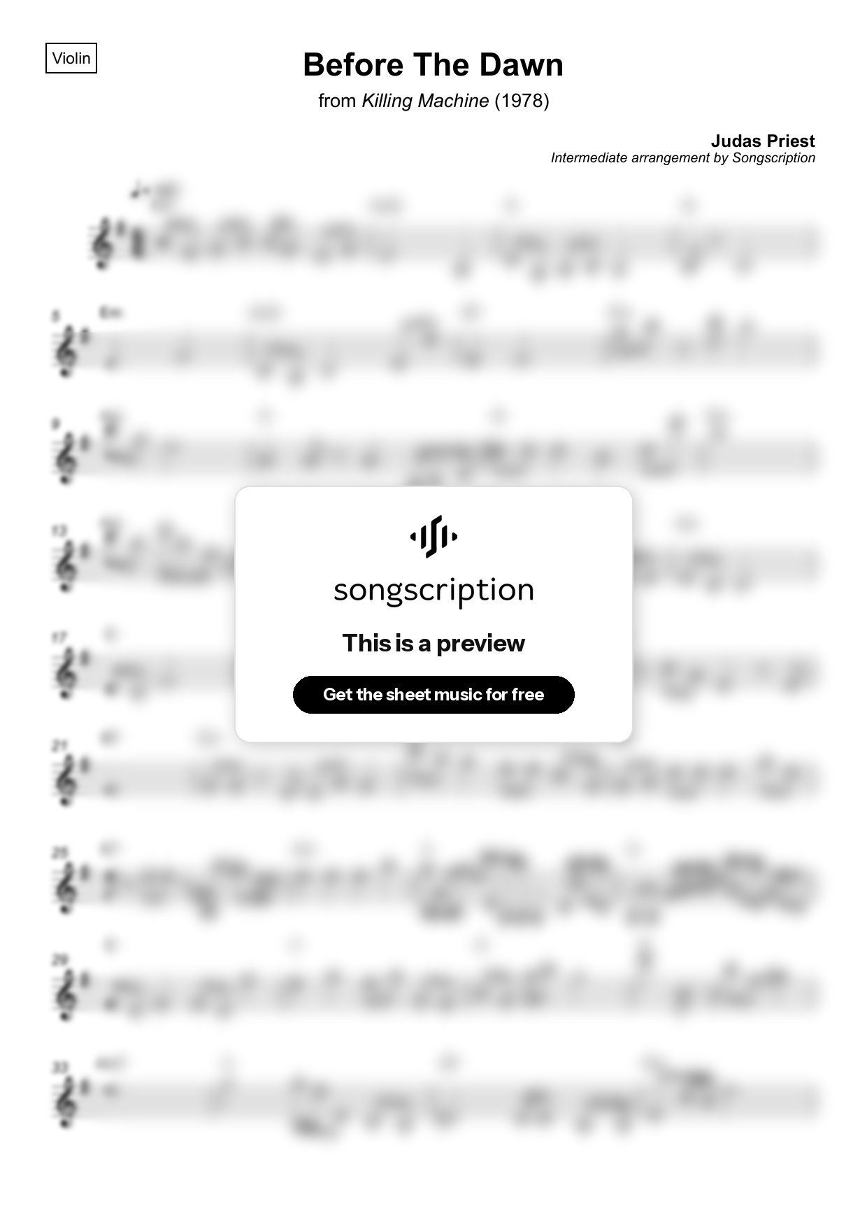 Intermediate Violin Sheet Music for "Before The Dawn" by Judas Priest