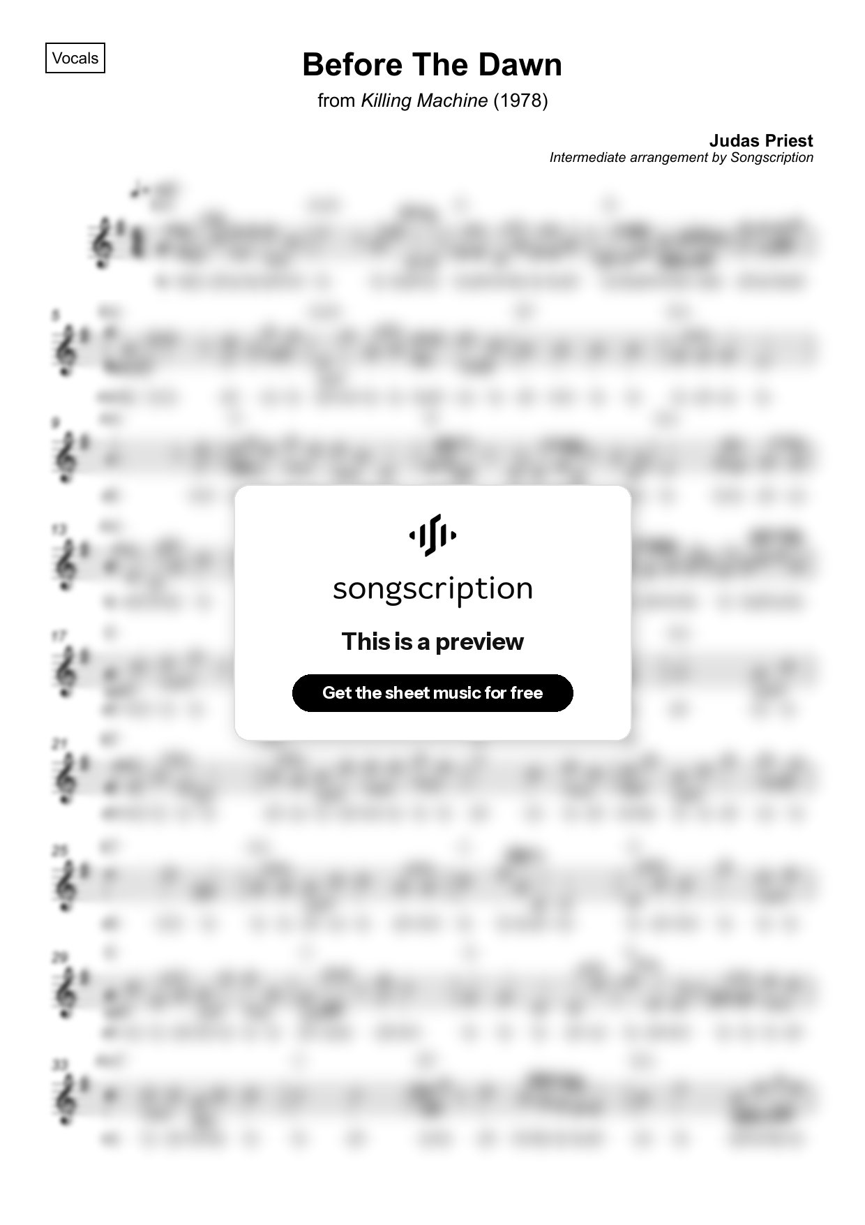 Intermediate Vocals Sheet Music for "Before The Dawn" by Judas Priest