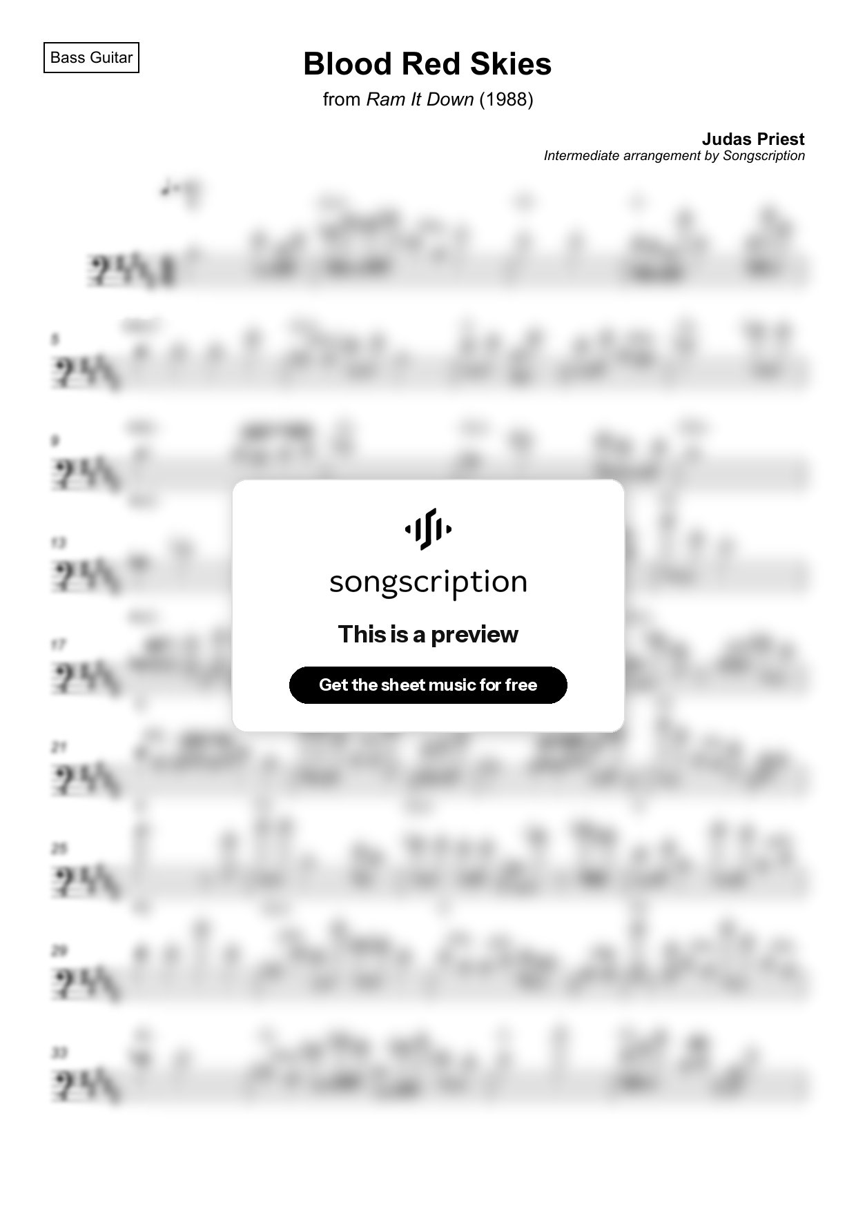 Intermediate Bass Guitar Sheet Music for "Blood Red Skies" by Judas Priest