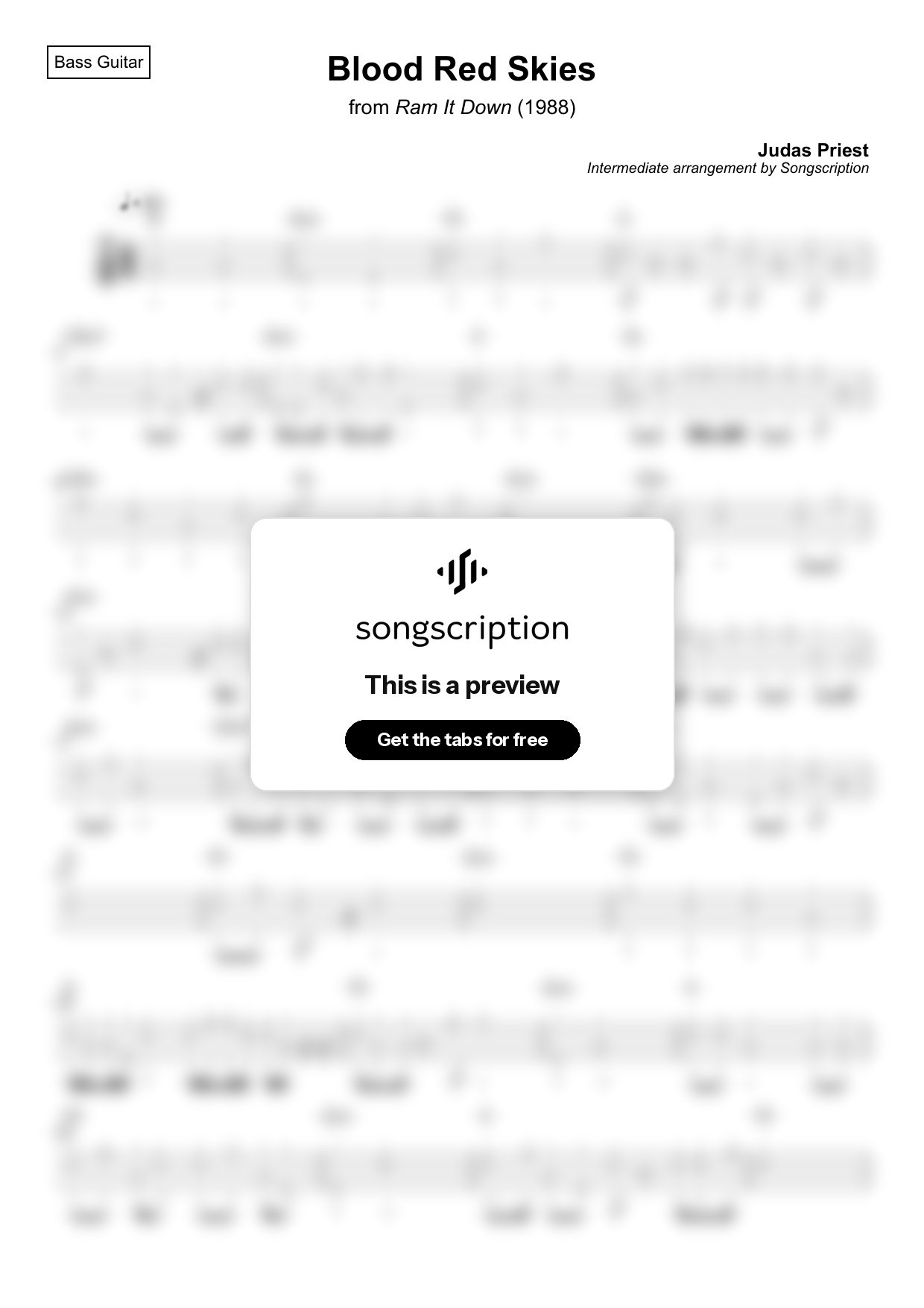 Intermediate Bass Guitar Tabs for "Blood Red Skies" by Judas Priest