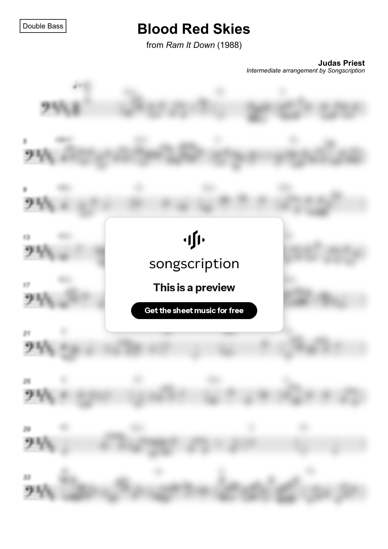 Intermediate Double Bass Sheet Music for "Blood Red Skies" by Judas Priest