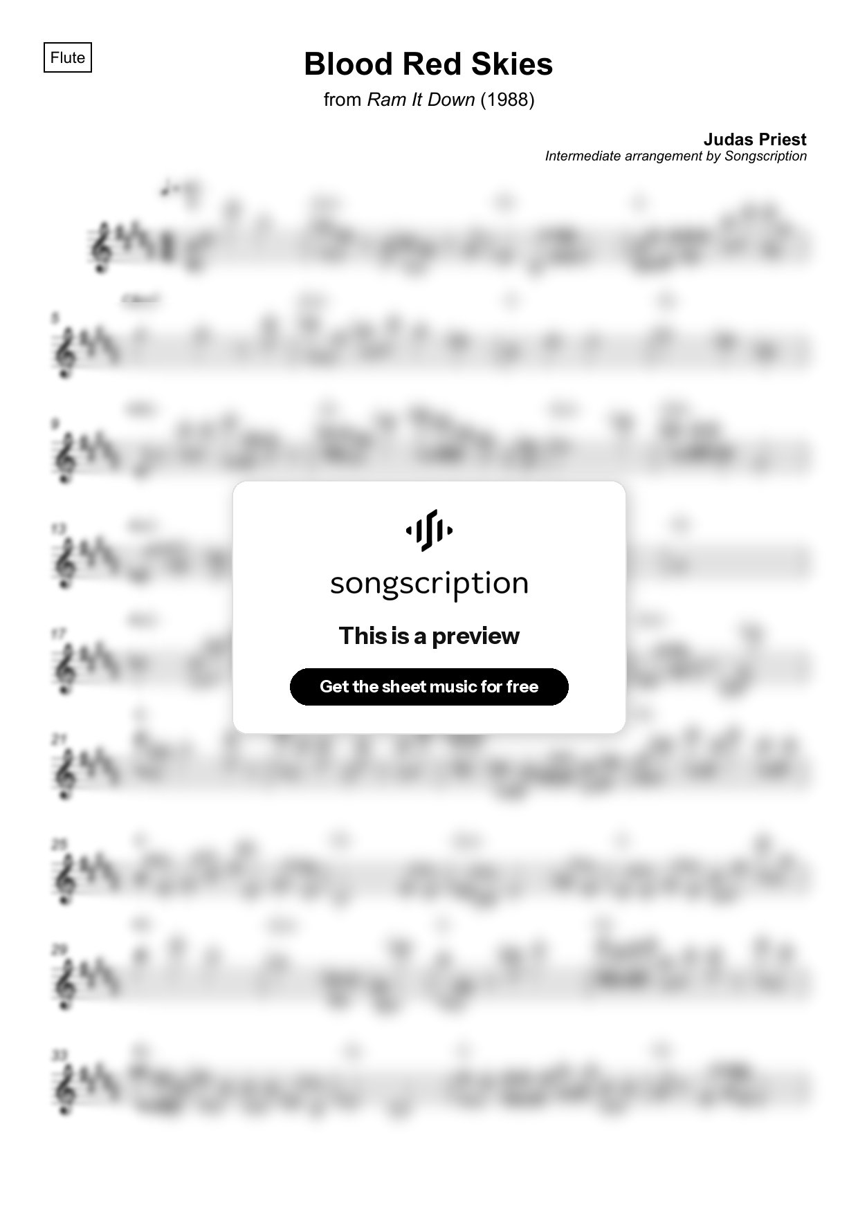 Intermediate Flute Sheet Music for "Blood Red Skies" by Judas Priest