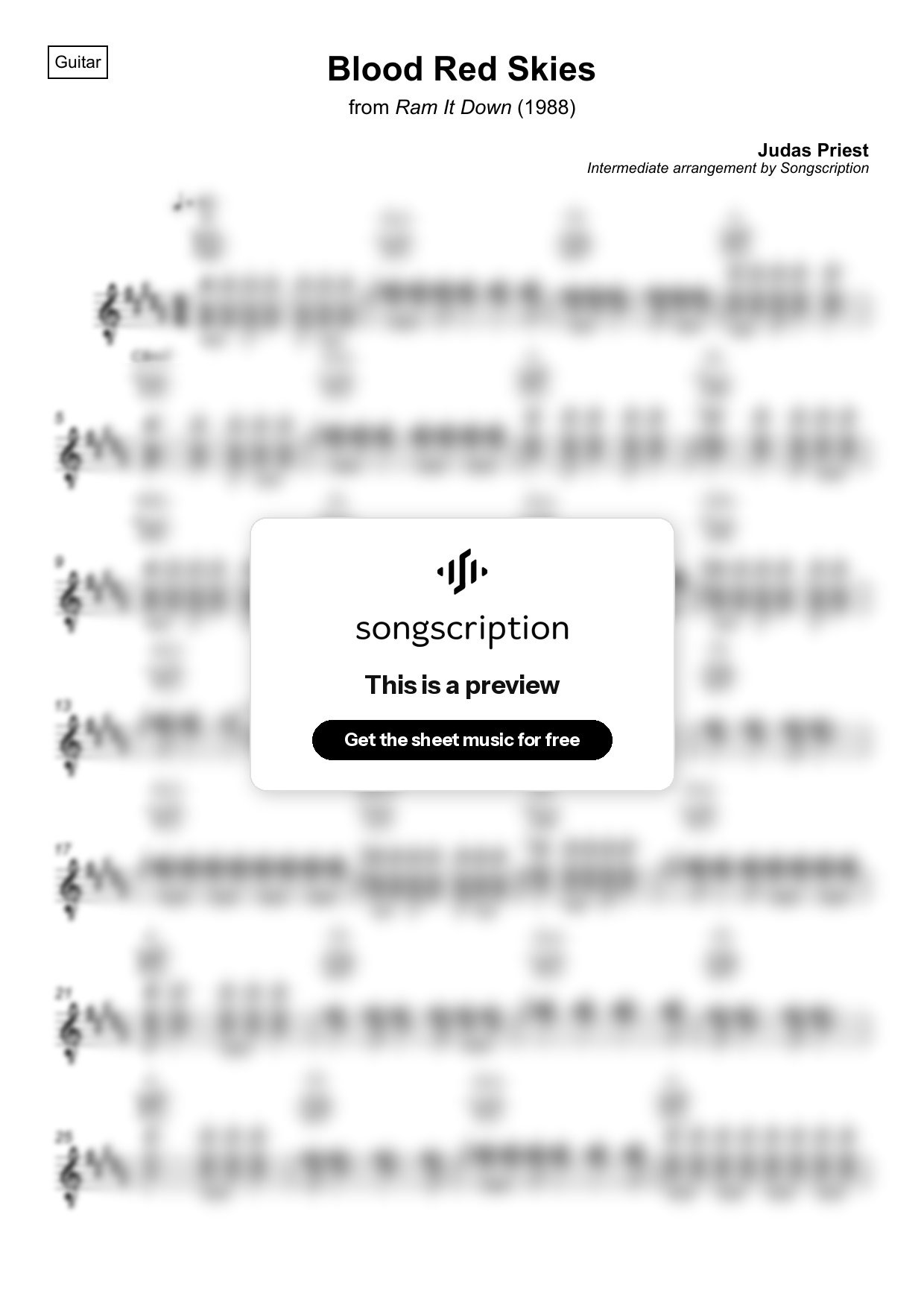 Intermediate Acoustic Guitar Sheet Music for "Blood Red Skies" by Judas Priest