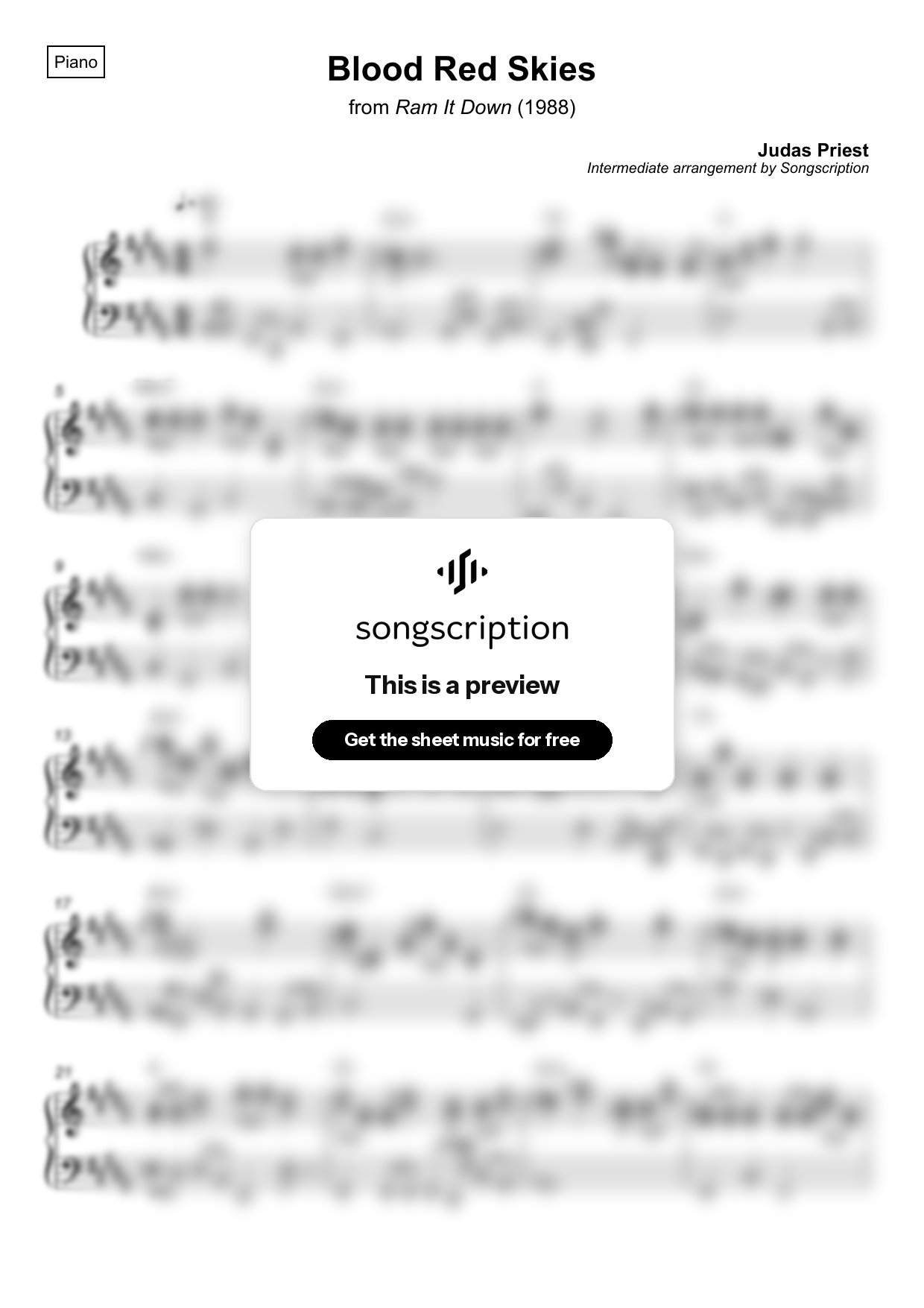 Intermediate Piano Sheet Music for "Blood Red Skies" by Judas Priest
