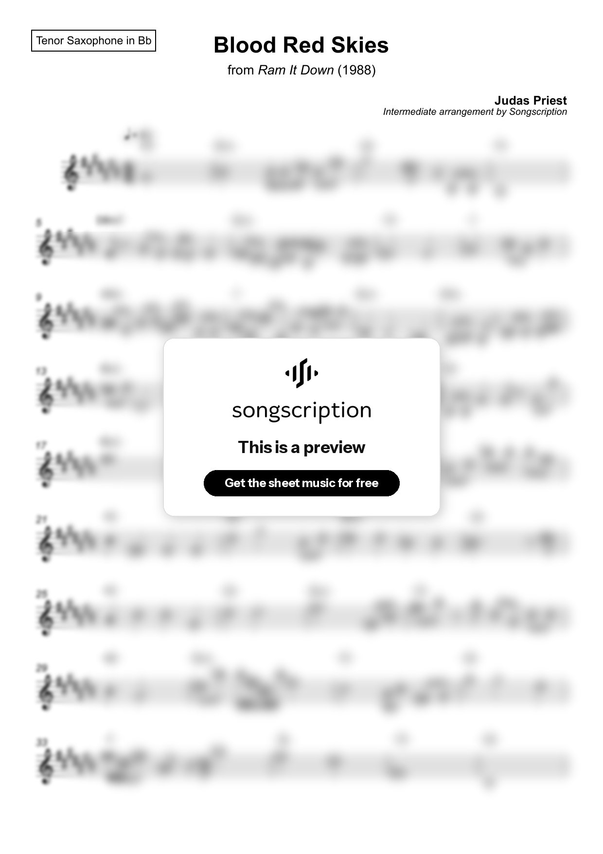 Intermediate Tenor Sax Sheet Music for "Blood Red Skies" by Judas Priest