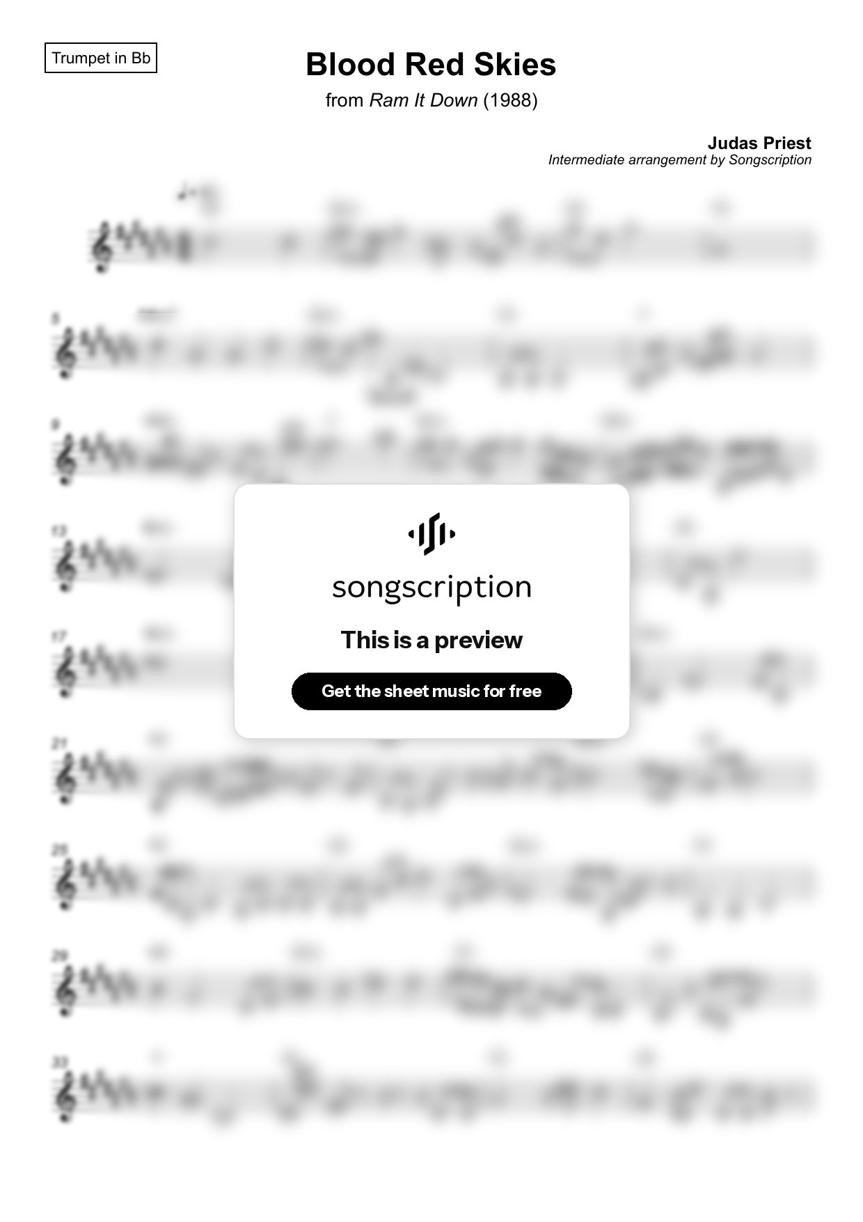 Intermediate Trumpet Sheet Music for "Blood Red Skies" by Judas Priest
