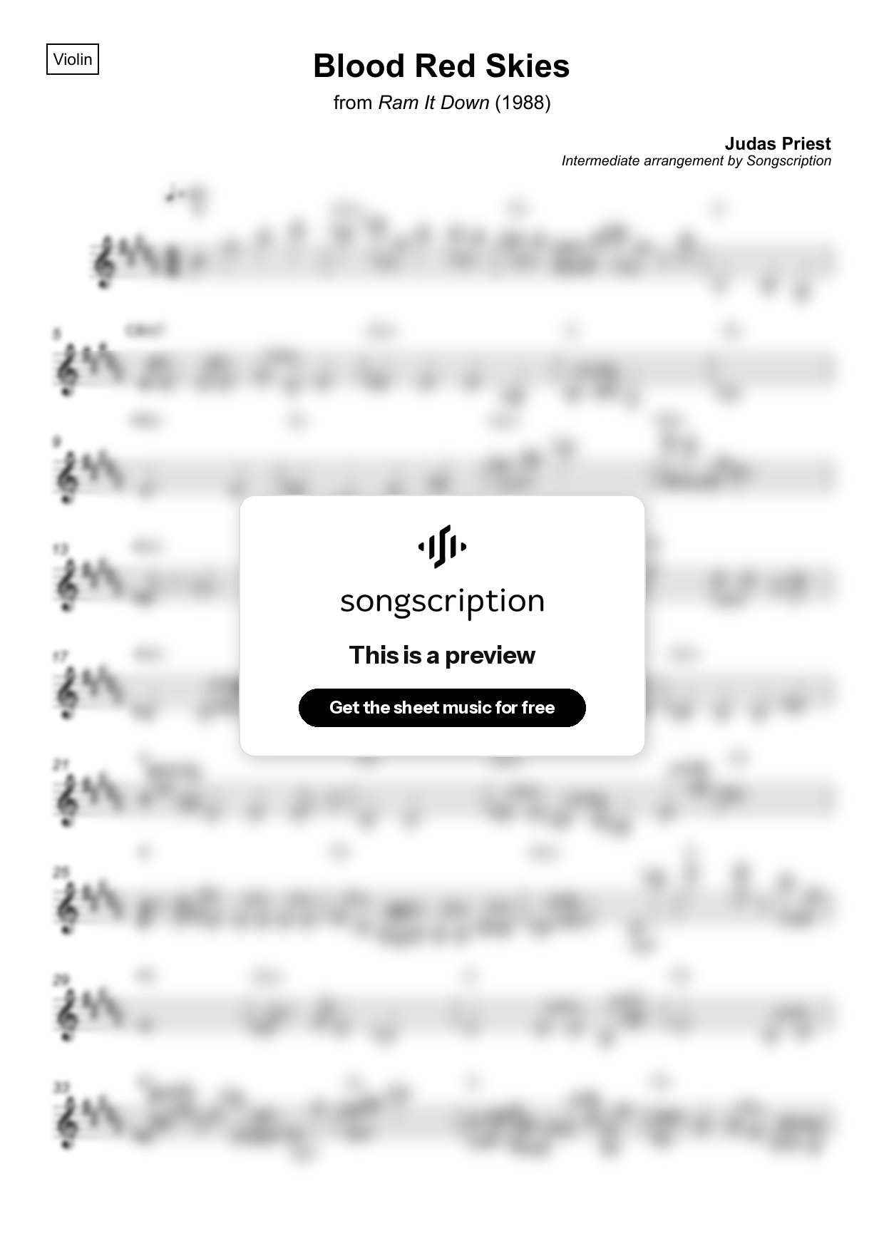 Intermediate Violin Sheet Music for "Blood Red Skies" by Judas Priest