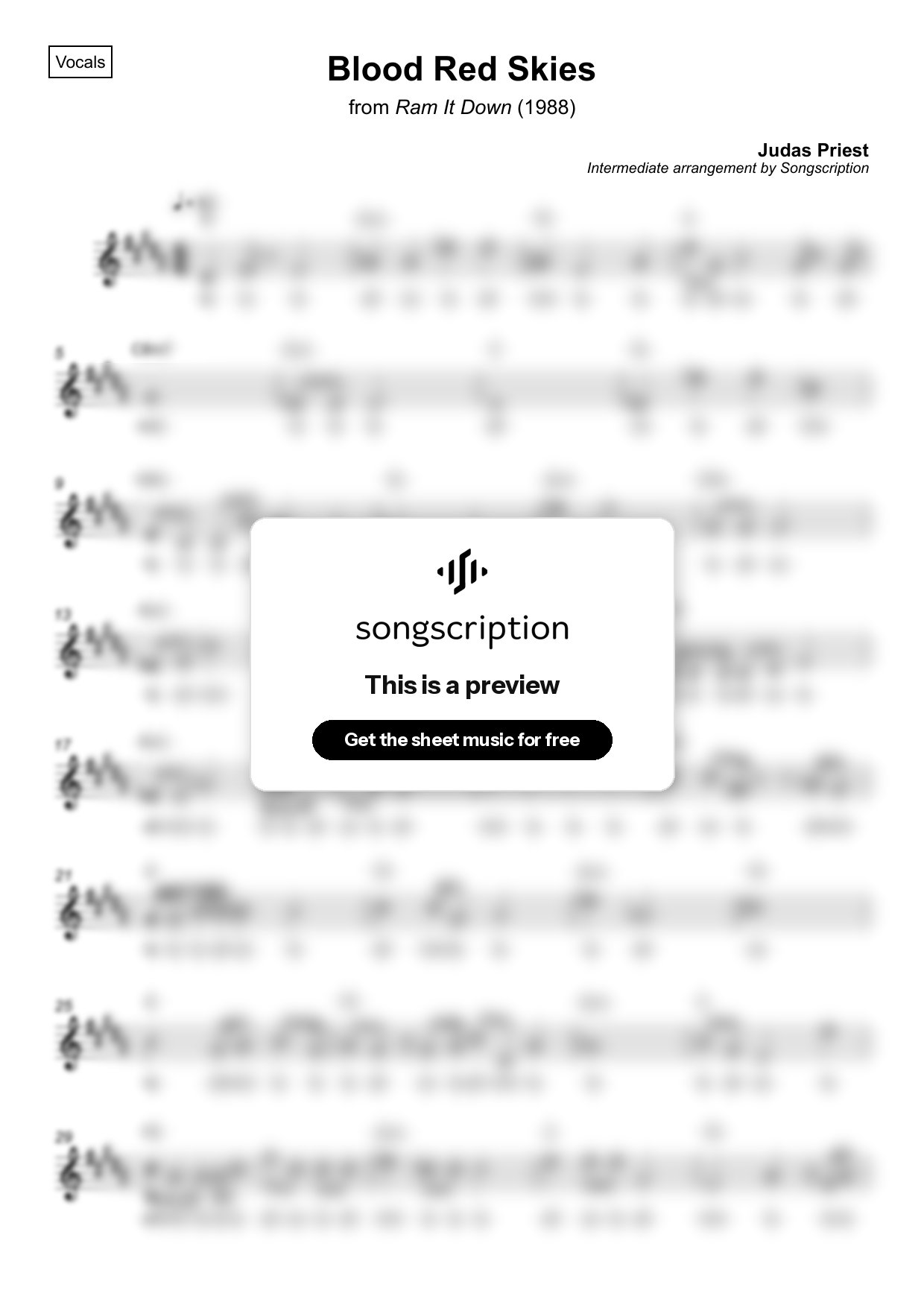 Intermediate Vocals Sheet Music for "Blood Red Skies" by Judas Priest