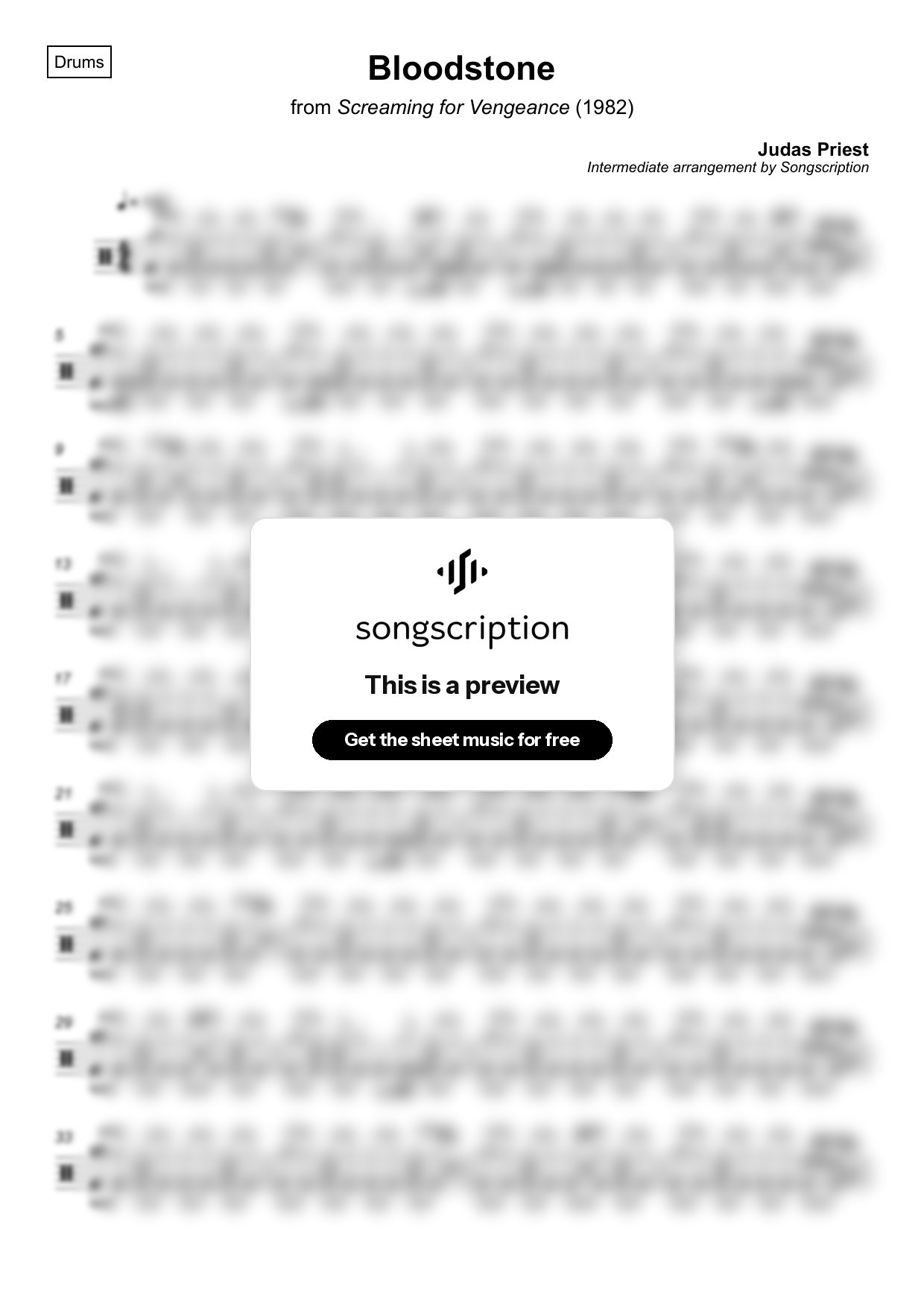 Intermediate Drums Sheet Music for "Bloodstone" by Judas Priest