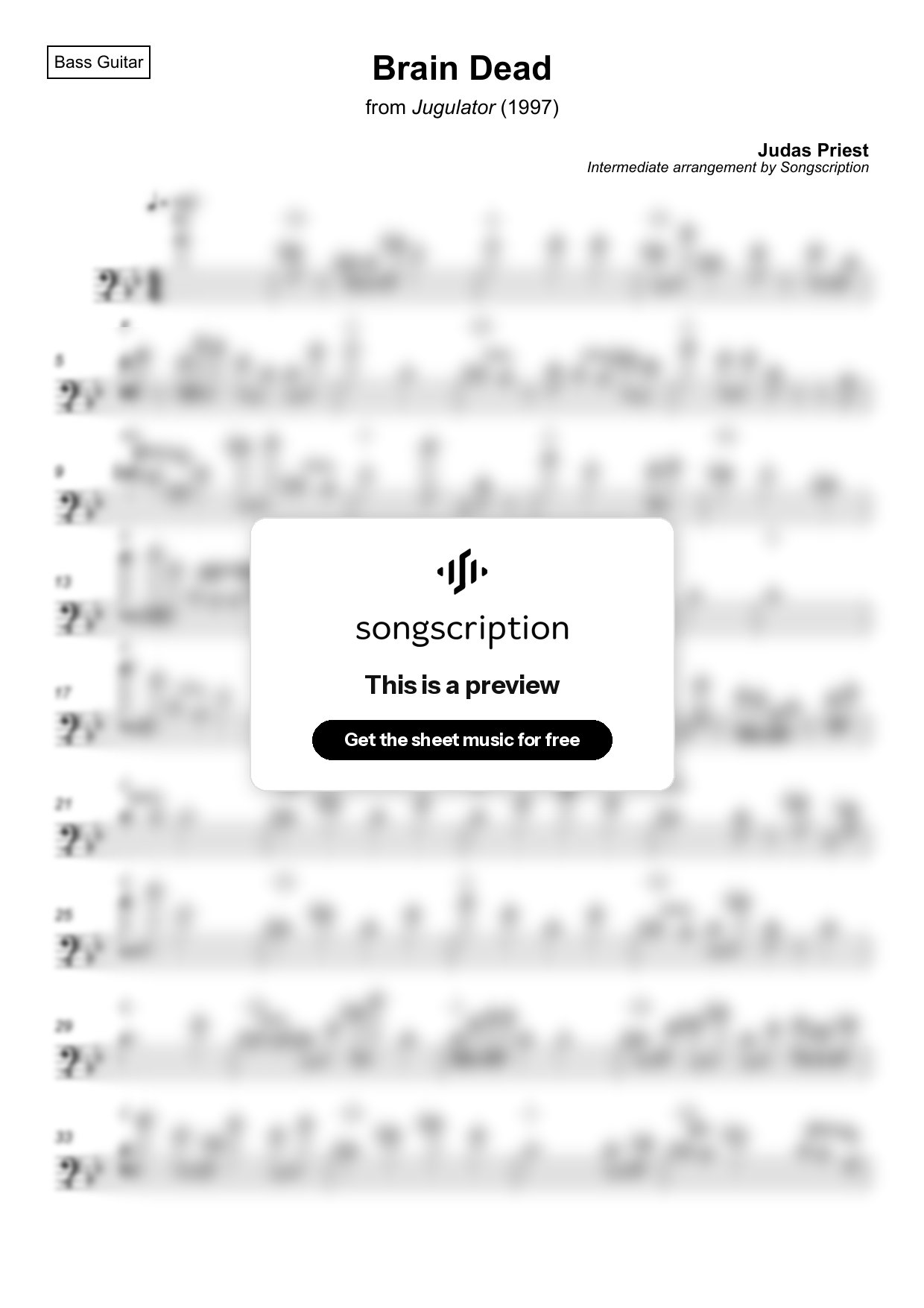 Intermediate Bass Guitar Sheet Music for "Brain Dead" by Judas Priest