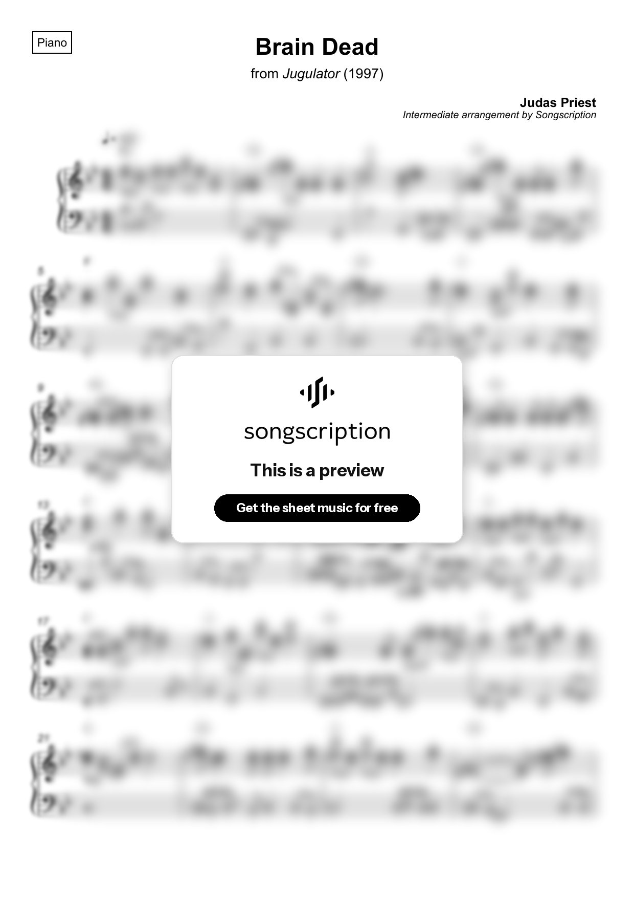 Intermediate Piano Sheet Music for "Brain Dead" by Judas Priest