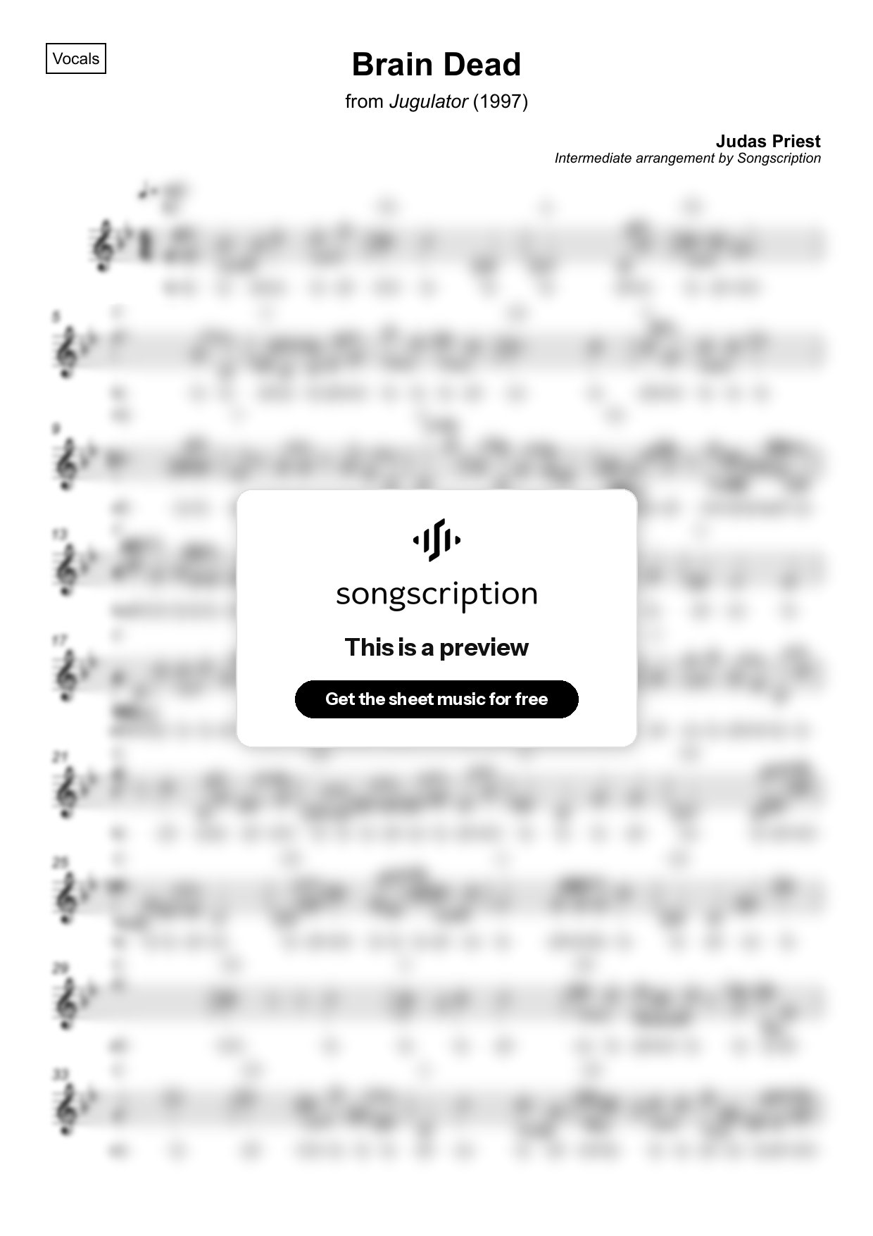 Intermediate Vocals Sheet Music for "Brain Dead" by Judas Priest