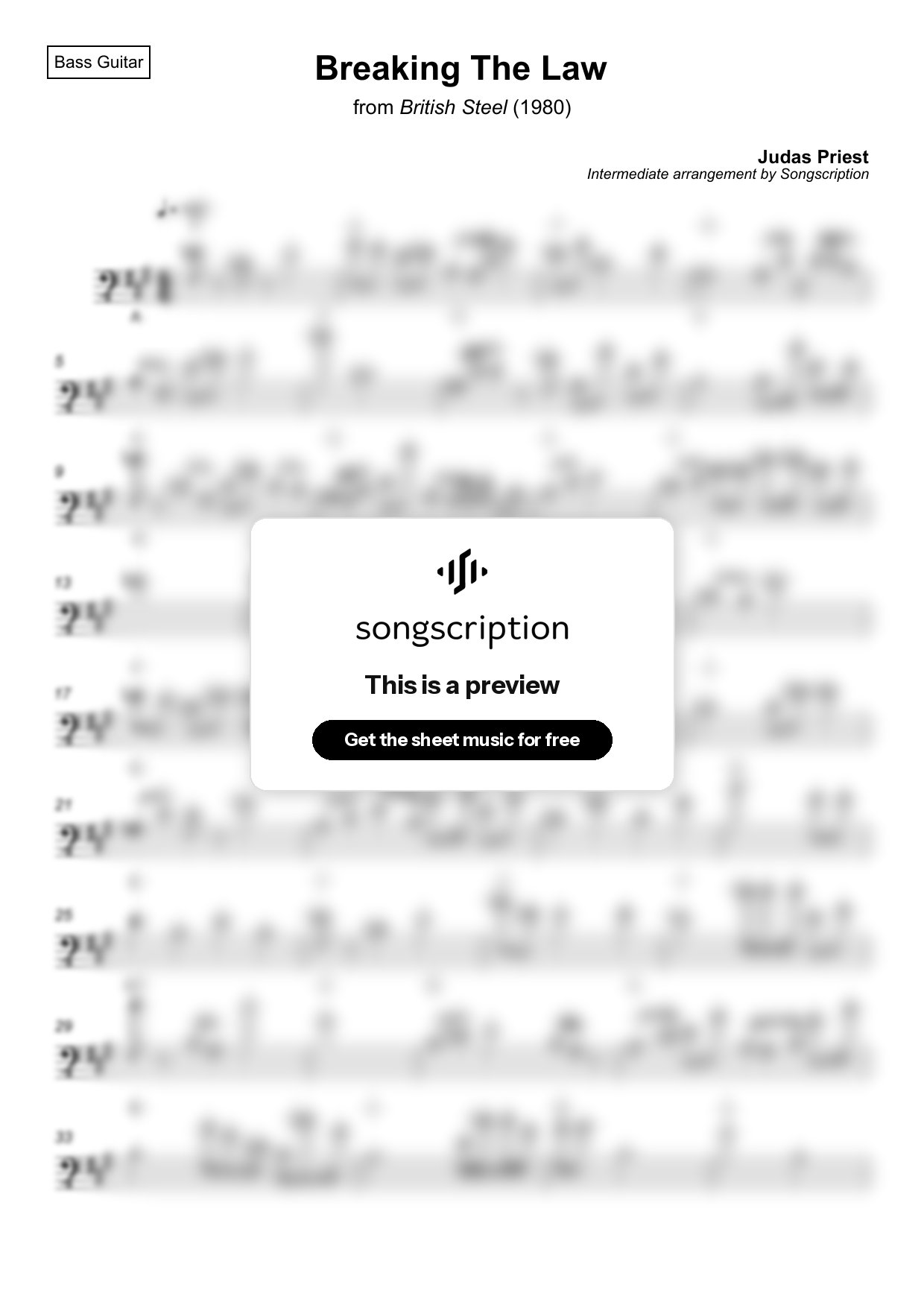 Intermediate Bass Guitar Sheet Music for "Breaking The Law" by Judas Priest