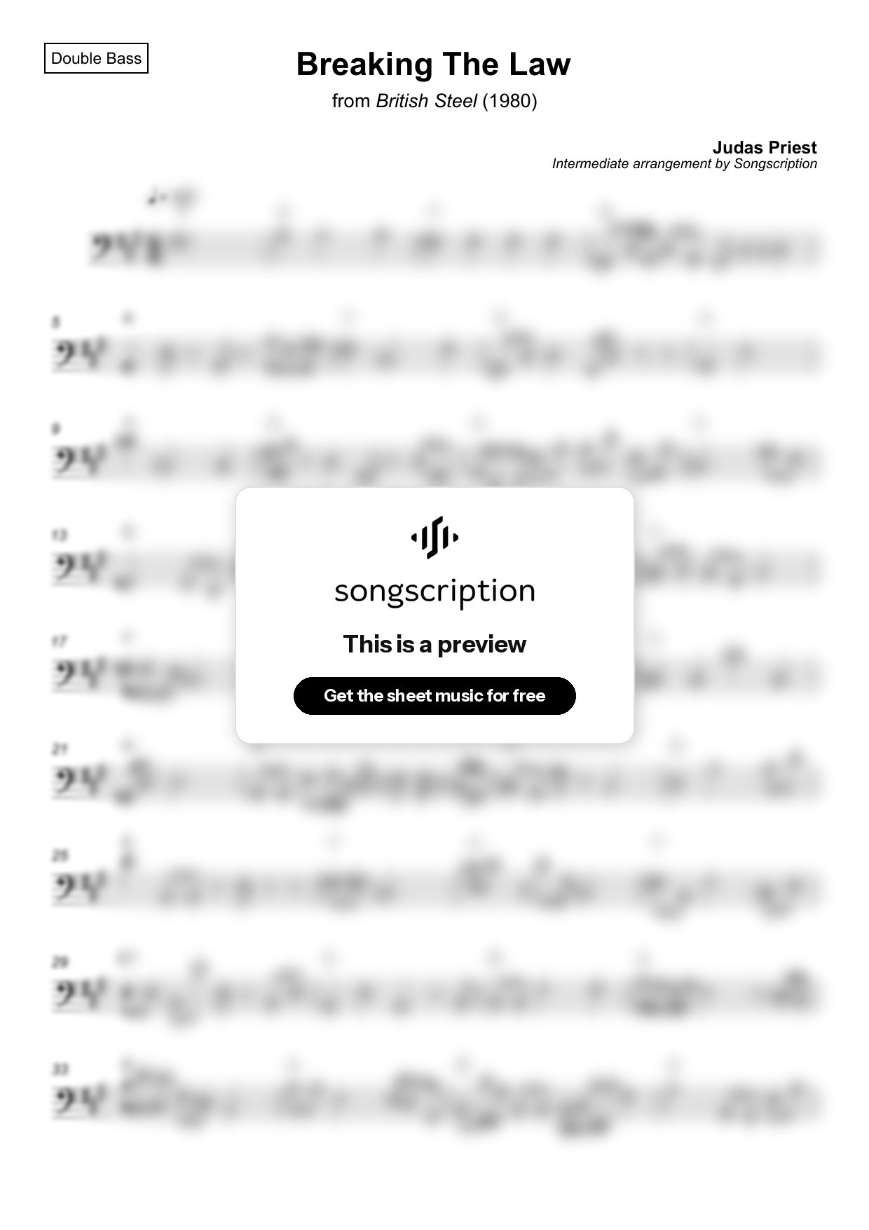Intermediate Double Bass Sheet Music for "Breaking The Law" by Judas Priest