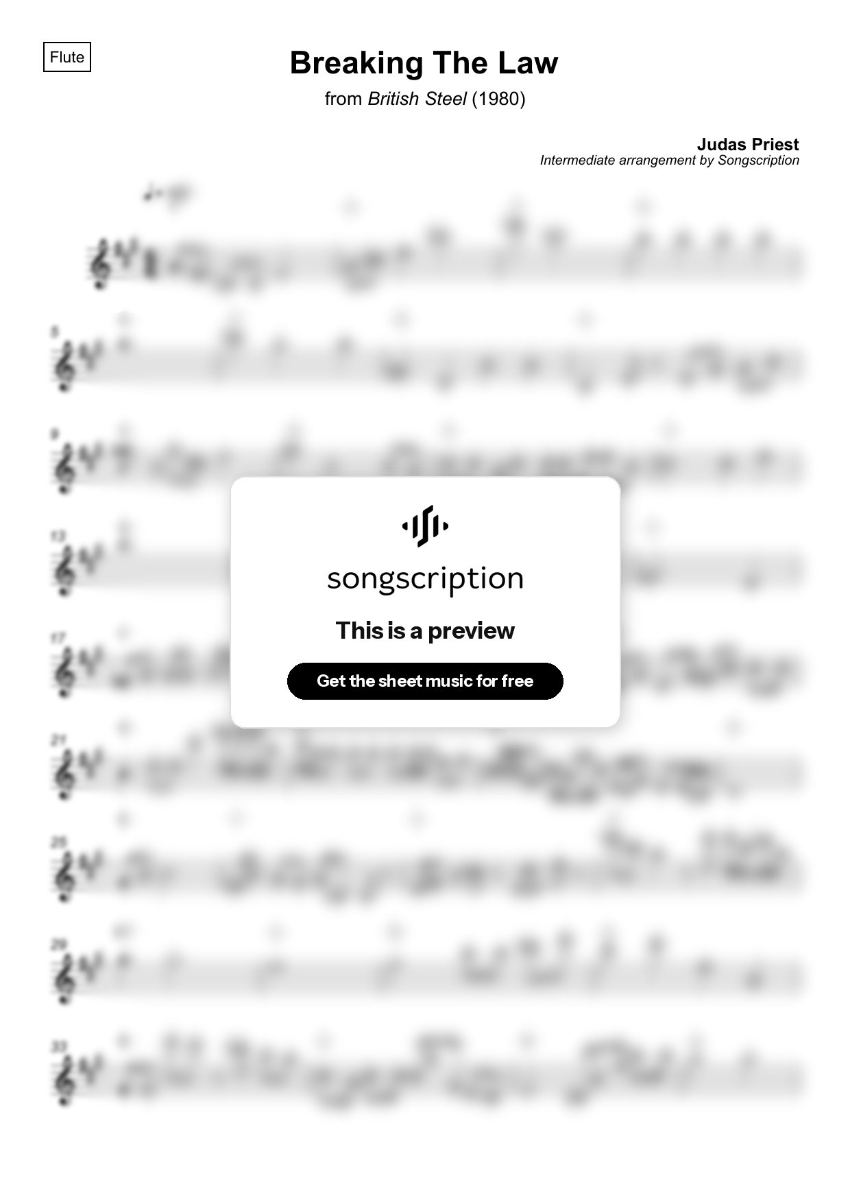 Intermediate Flute Sheet Music for "Breaking The Law" by Judas Priest