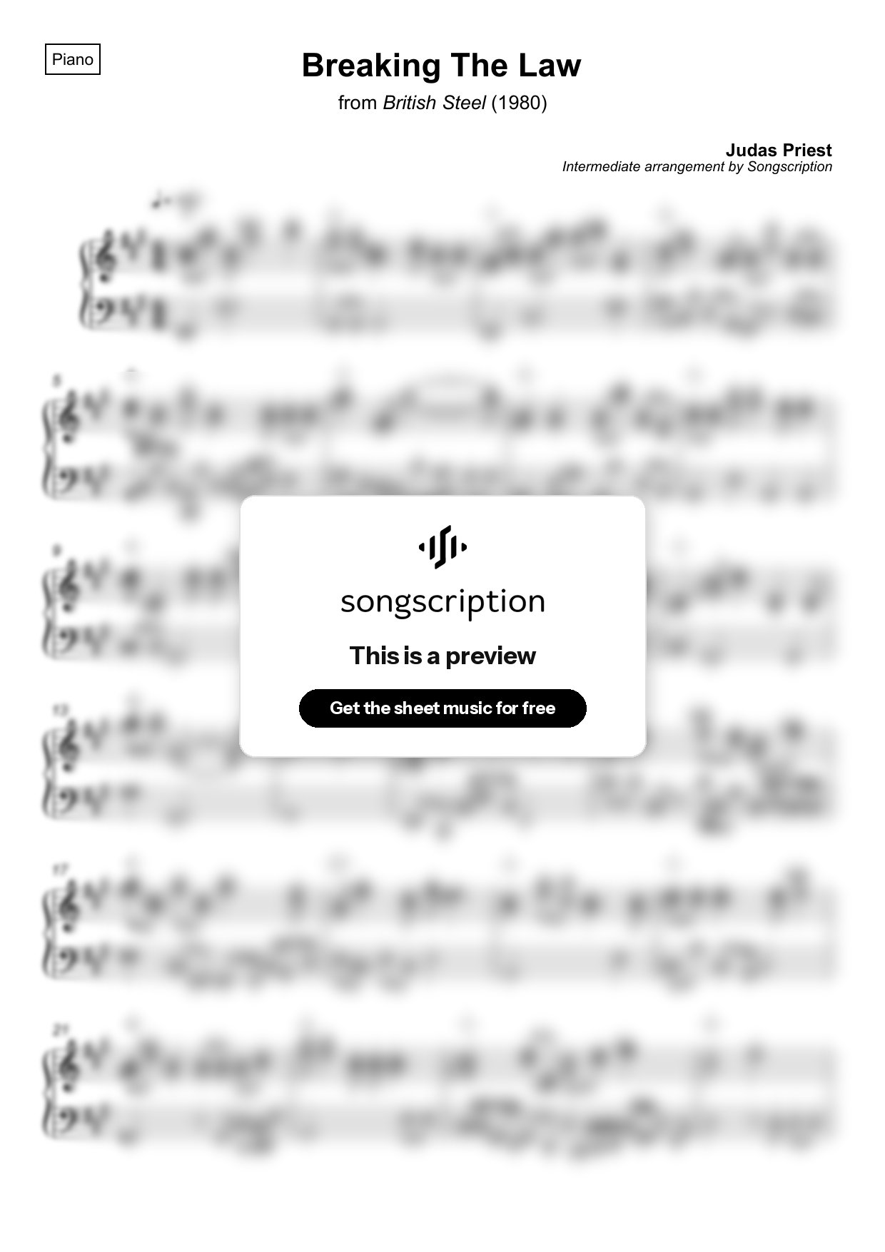 Intermediate Piano Sheet Music for "Breaking The Law" by Judas Priest