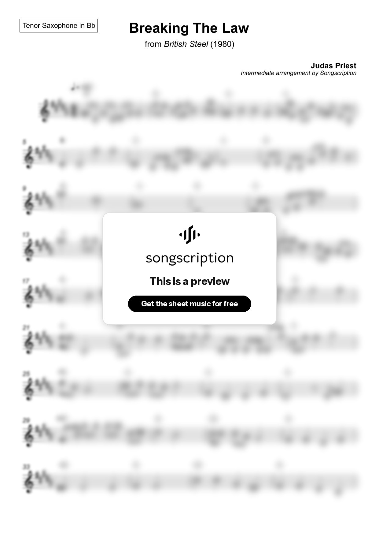Intermediate Tenor Sax Sheet Music for "Breaking The Law" by Judas Priest