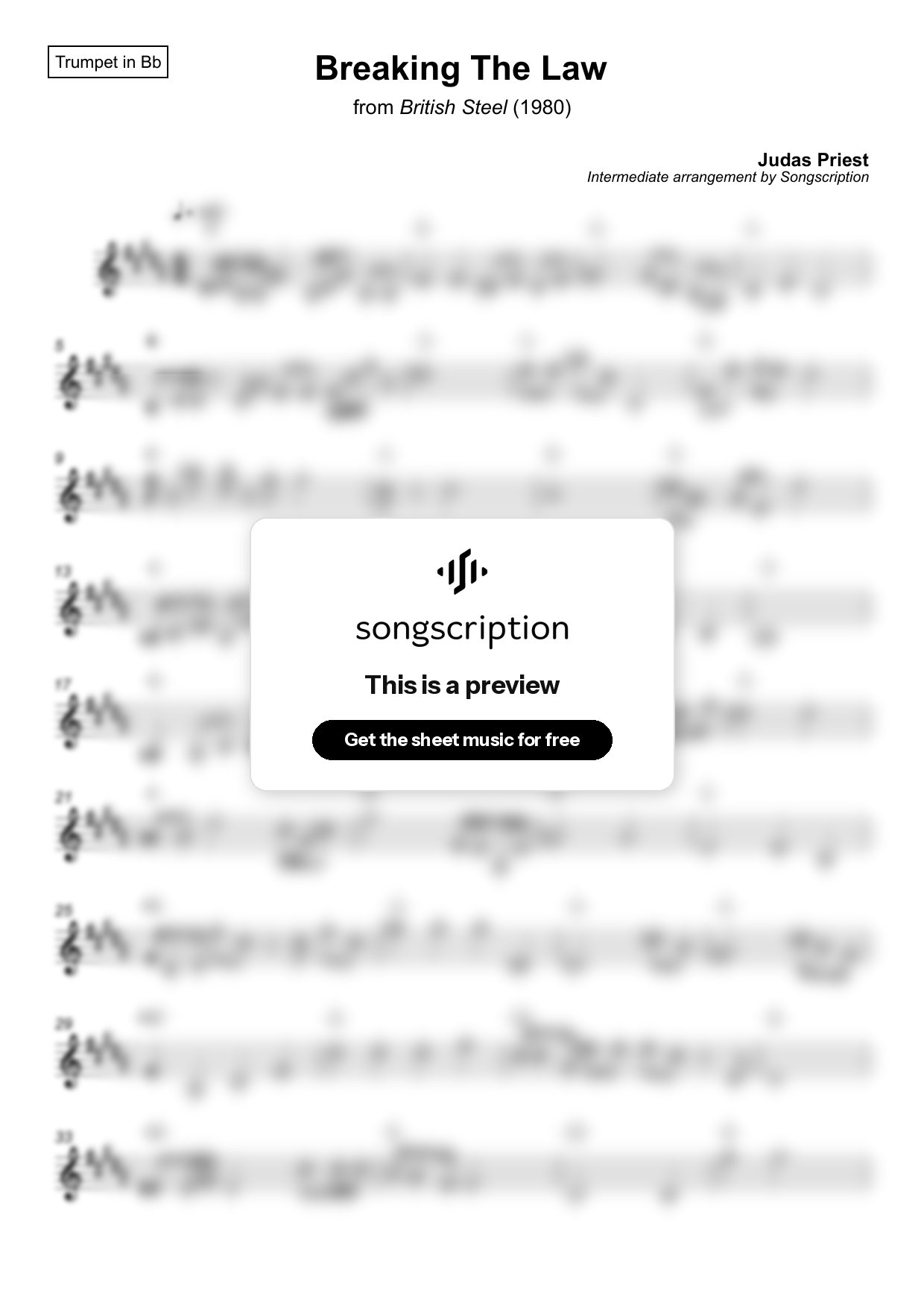 Intermediate Trumpet Sheet Music for "Breaking The Law" by Judas Priest