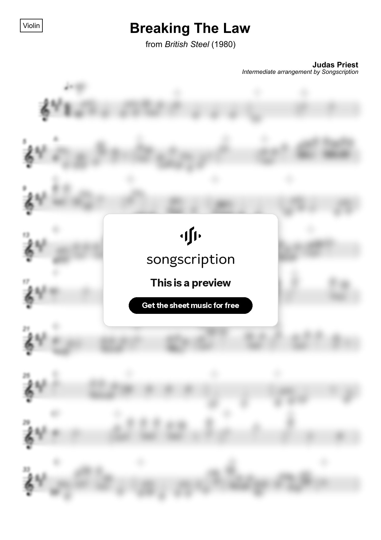 Intermediate Violin Sheet Music for "Breaking The Law" by Judas Priest