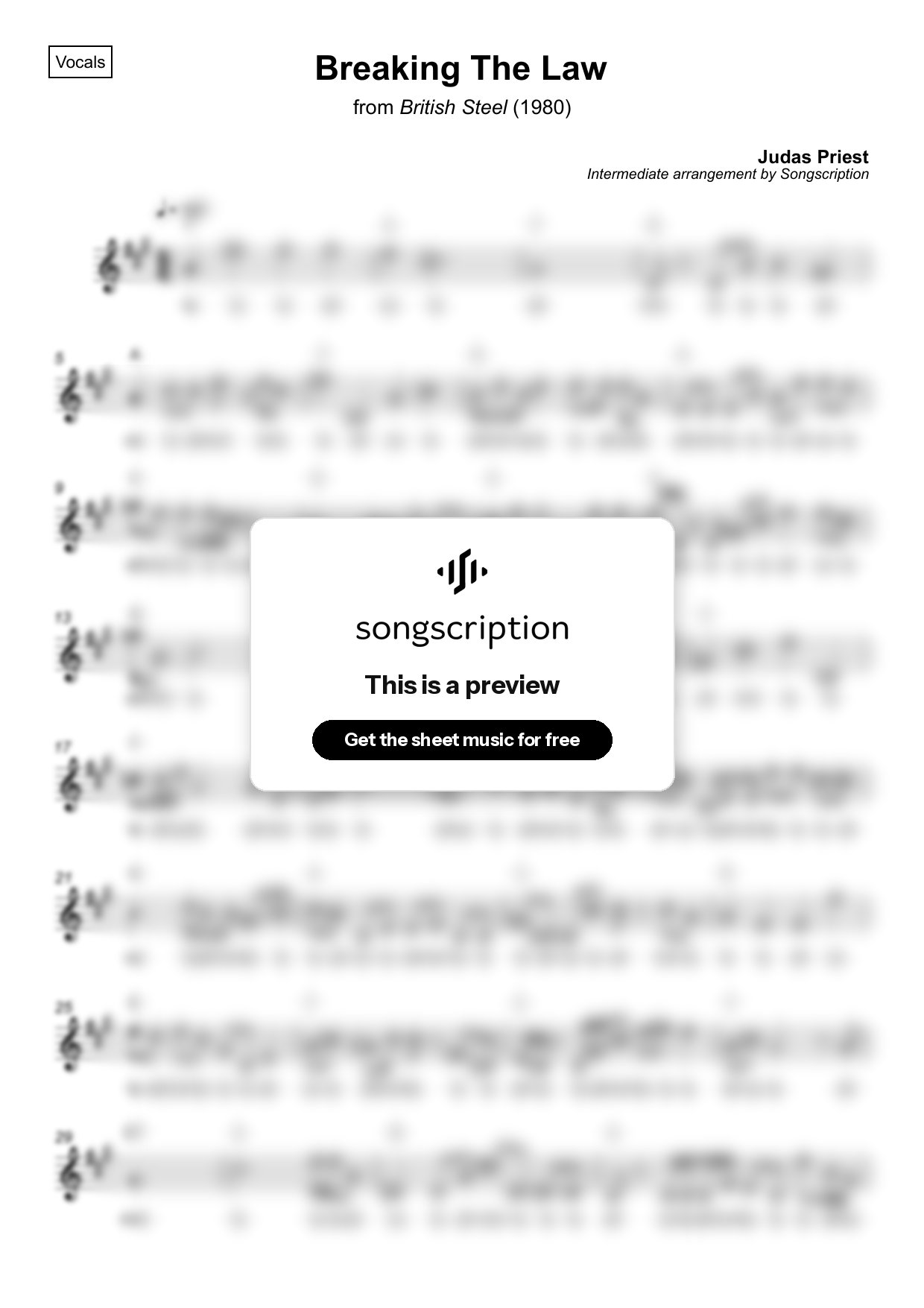 Intermediate Vocals Sheet Music for "Breaking The Law" by Judas Priest