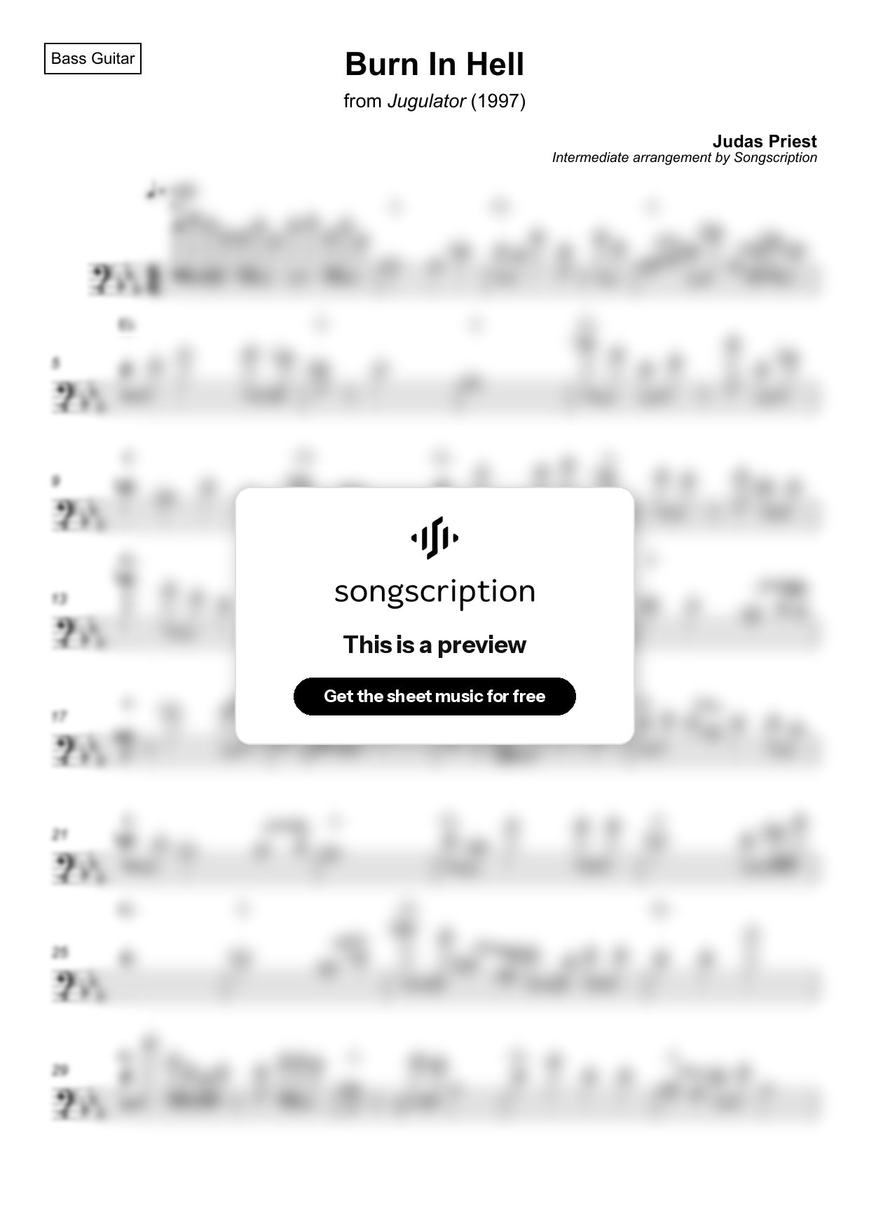 Intermediate Bass Guitar Sheet Music for "Burn In Hell" by Judas Priest