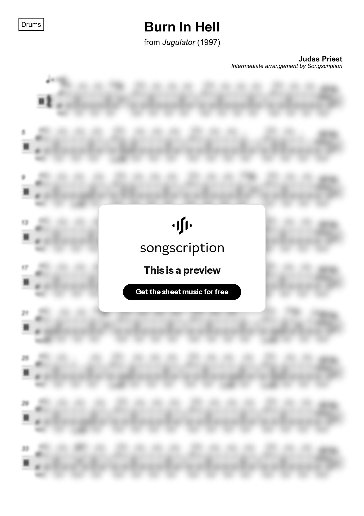 Intermediate Drums Sheet Music for "Burn In Hell" by Judas Priest