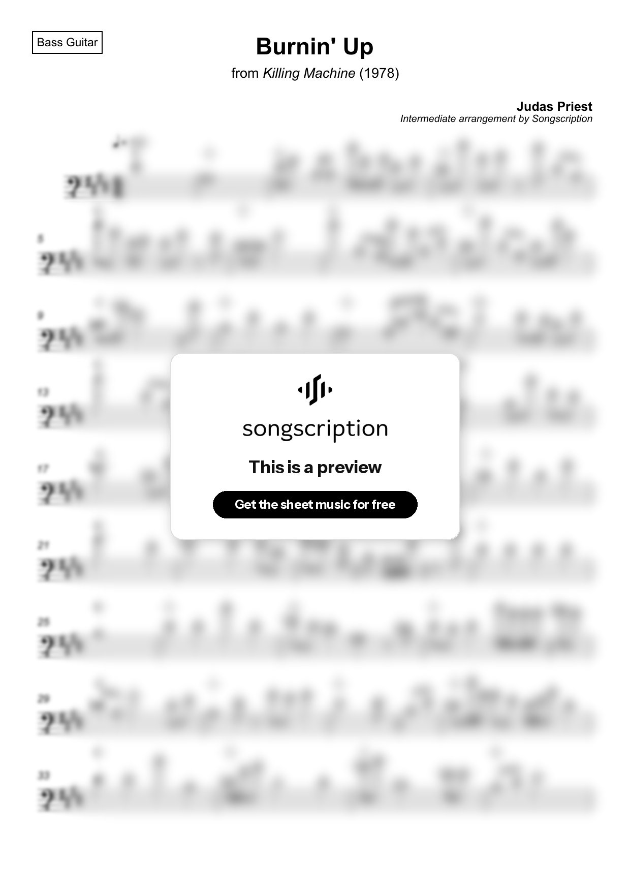 Intermediate Bass Guitar Sheet Music for "Burnin' Up" by Judas Priest