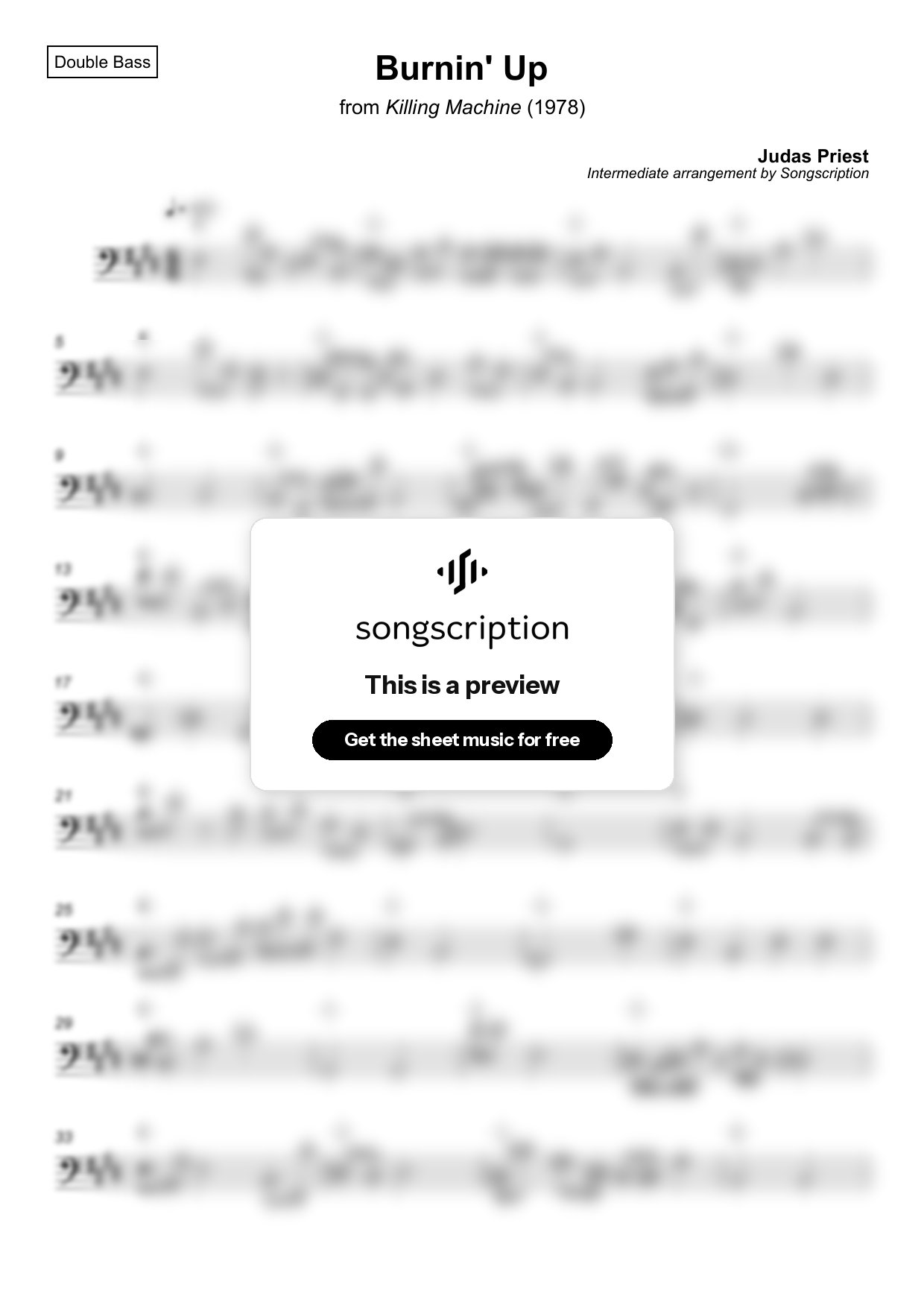 Intermediate Double Bass Sheet Music for "Burnin' Up" by Judas Priest