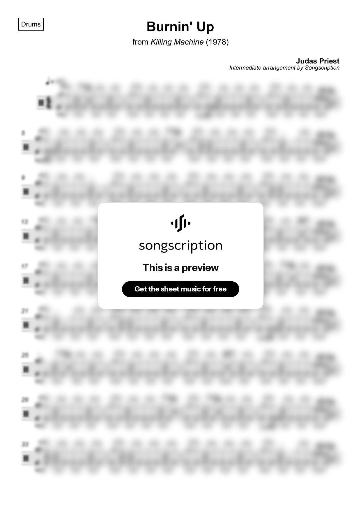 Intermediate Drums Sheet Music for "Burnin' Up" by Judas Priest