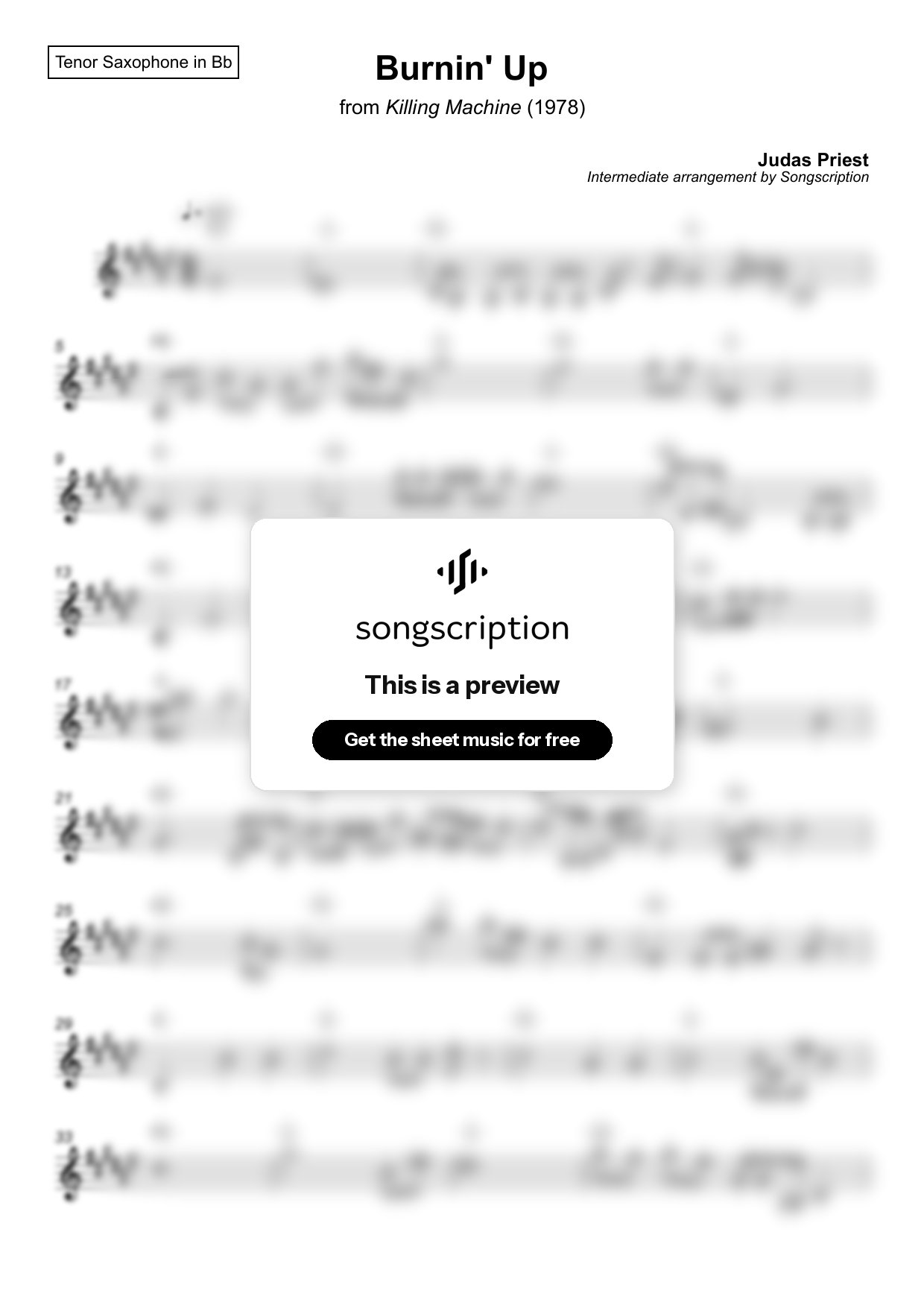 Intermediate Tenor Sax Sheet Music for "Burnin' Up" by Judas Priest