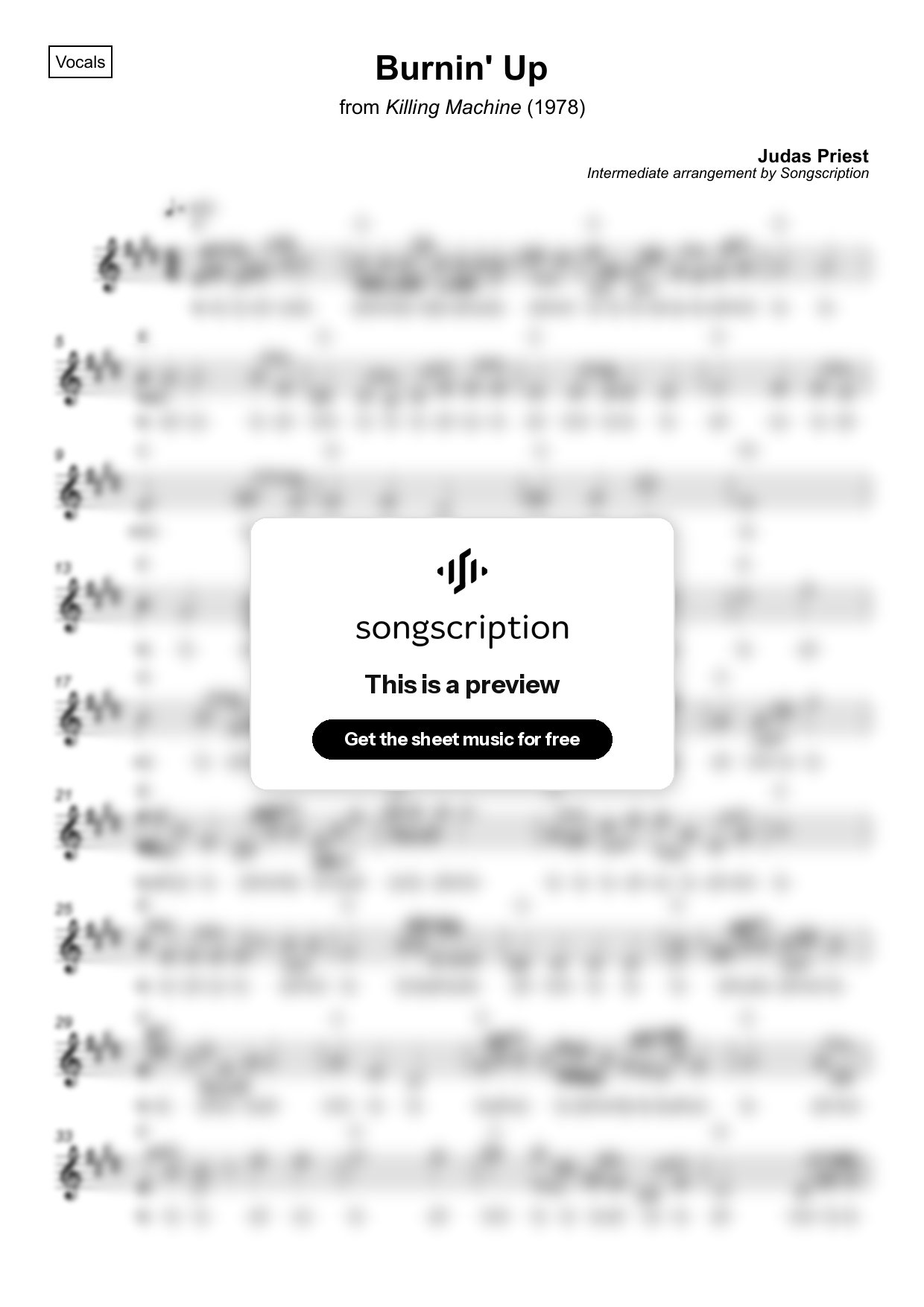Intermediate Vocals Sheet Music for "Burnin' Up" by Judas Priest
